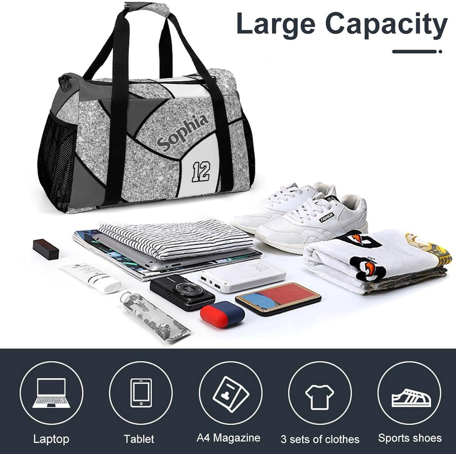 Custom Silver Volleyball Duffel Bag with Name Personalized Travel Bags Sport Gym Bag Carry On Weekender Bags for Men Women