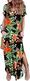 Women's Summer Maxi Dress Short Sleeve V Neck Casual Loose Long Beach Split Dresses with Pockets - Buy now