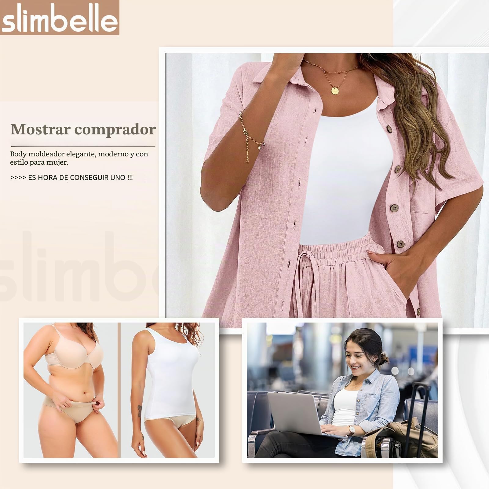 SLIMBELLE Sujetador para mujer, camisa básica, camiseta de tirantes con sujetador integrado, tirantes anchos, sin costuras, acolchado, bustier de cuello redondo Bralette