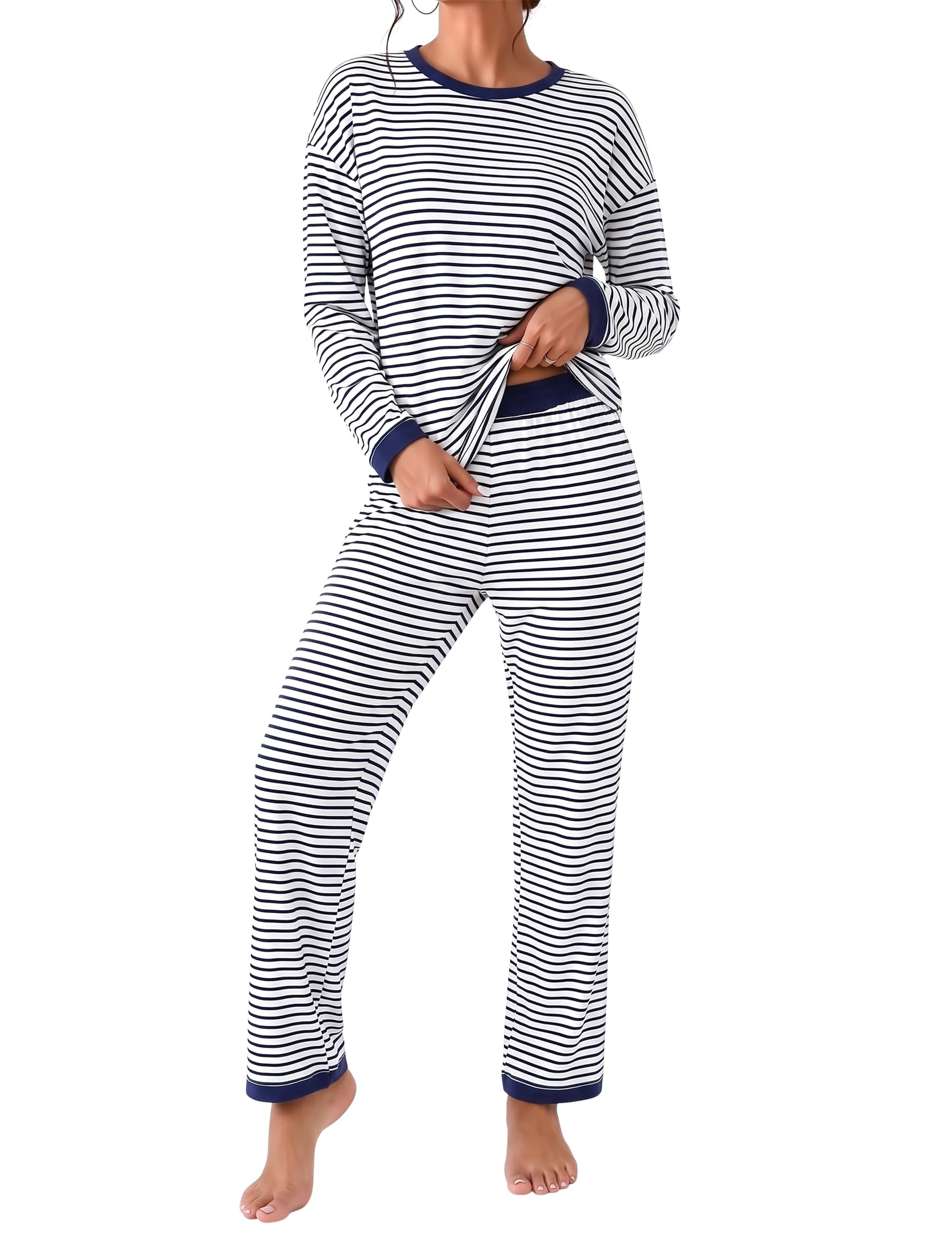 Marvmys Schlafanzug Damen Lang Winter Pyjama Set mit Taschen und Bündchen | Bequem, weich und atmungsaktiv – perfekt für Herbst und Winter. Elastischer Bund, verstellbarer Gürtel, zwei Taschen