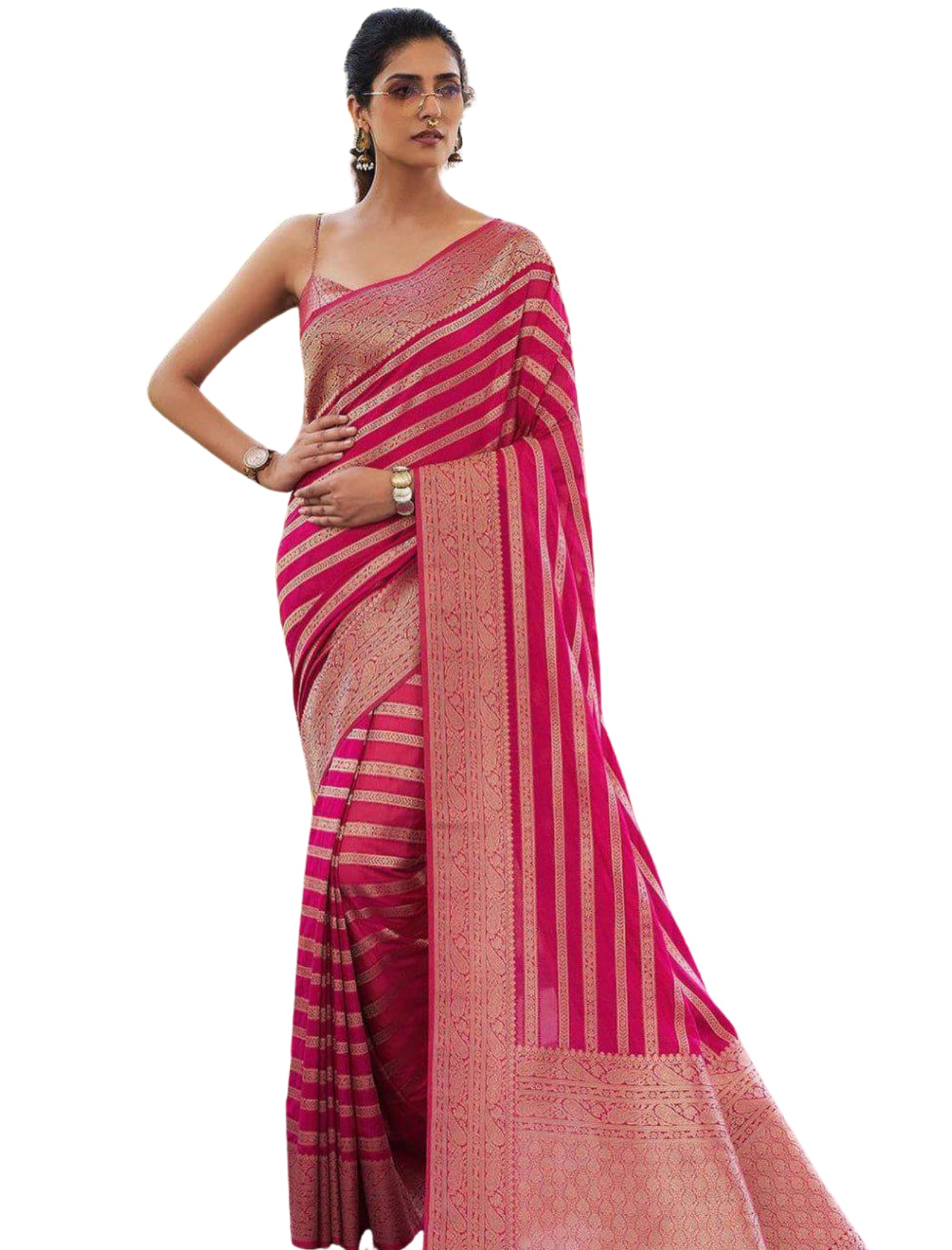 Women's Striped Pattern Soft Lichi Silk Saree with Unstitched Jacquard Blouse Piece | Modal Silk Saree For Women-image-17