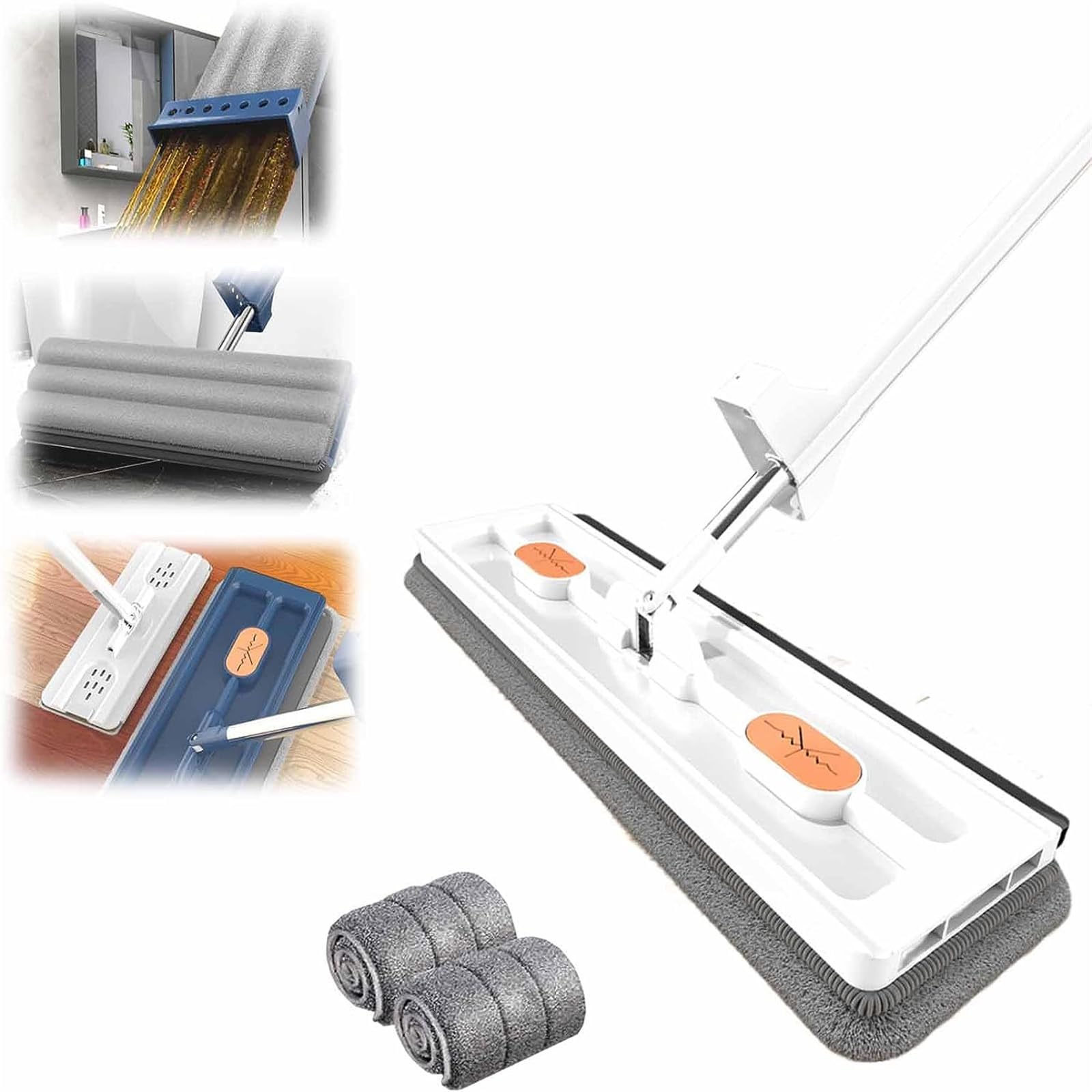 Large Flat Mop, Large Flat Mop Hands Free Microfiber Flat Mop with 2 Microfiber Pads, Self Contained Dewatering Scraper Mop, Long Handle Wet and Dry Extendable Mop, Adjustable Cleaning Mop