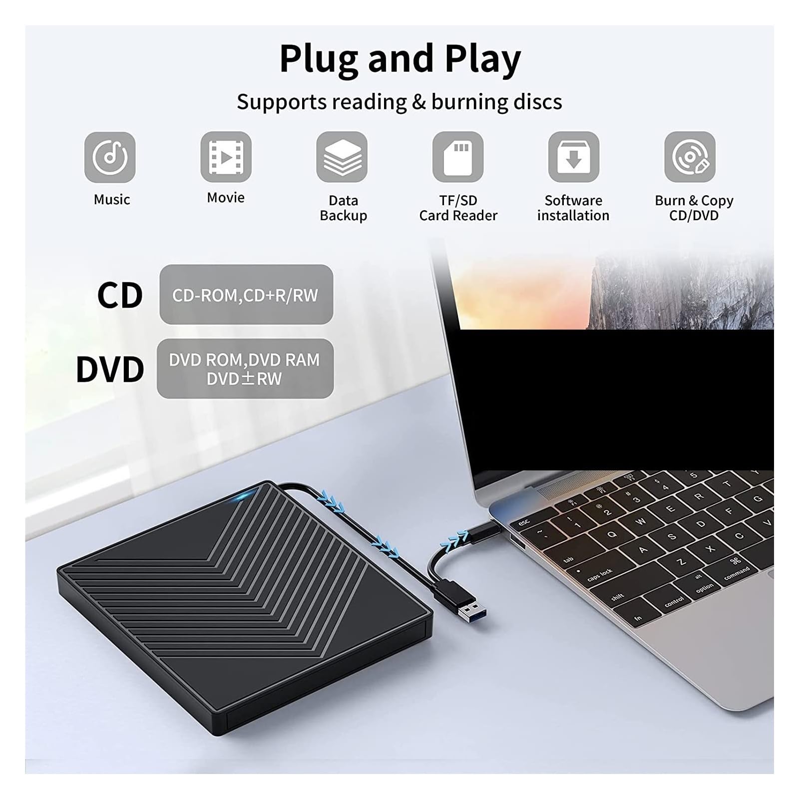 Zewnętrzny Napęd CD/DVD, Przenośny Napęd DVD RW Z USB 3.0 Typu C, Nagrywarka, Czytnik, Odtwarzacz, Napęd Optyczny Do Laptopa(5-in-1)