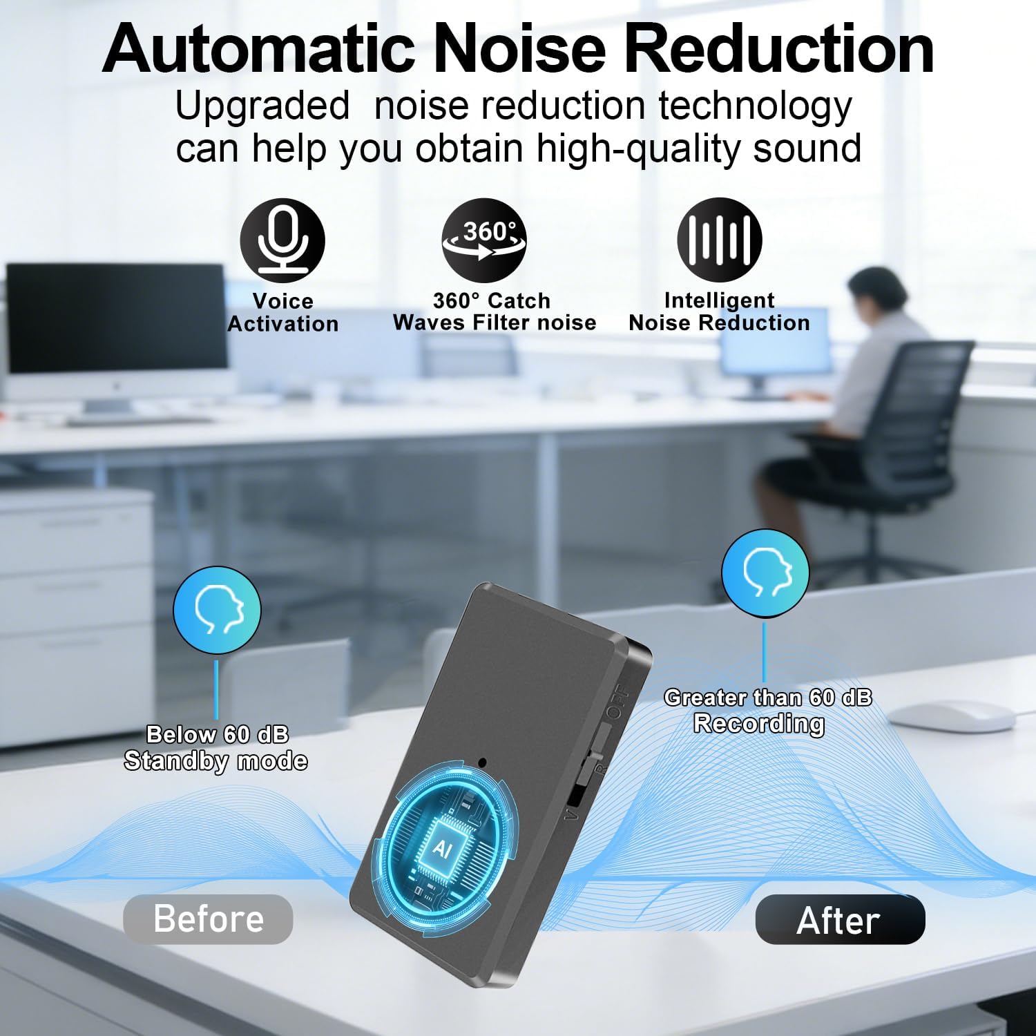 64GB Voice Recorder with Playback - Audio Recorder with One Button Recording - Voice Activated Recorder Device with Al Noise Reduction, Portable Recording Device for Lectures, Interviews, Work