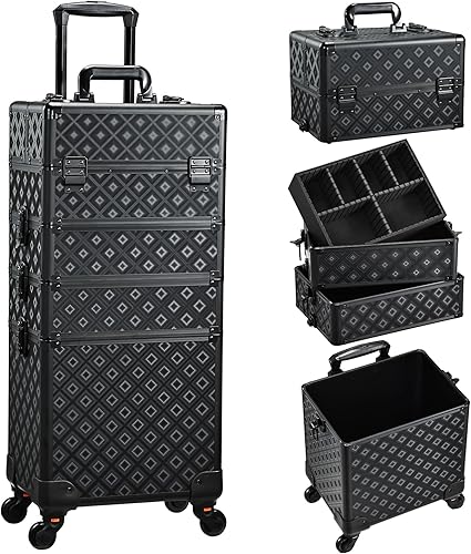 Vista 9 de Adazzo Maleta de maquillaje 4 en 1 con ruedas para cosméticos, caja de tecnología de uñas para artistas de maquillaje, estilistas, estuche de Negro