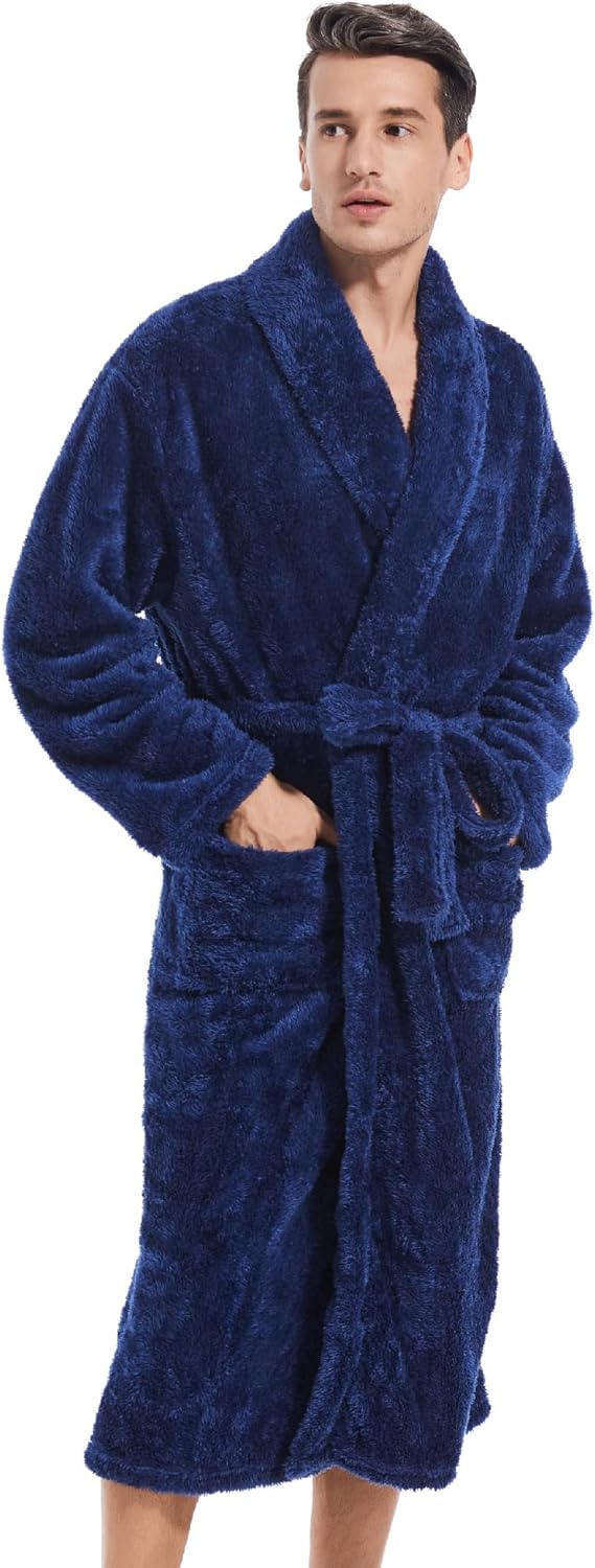 Inner Wish Mens Plush Fleece Robe, Cozy Warm Bathrobe Fuzzy Male Spa Long Robe With Pockets (DARK GREY) - Image 2