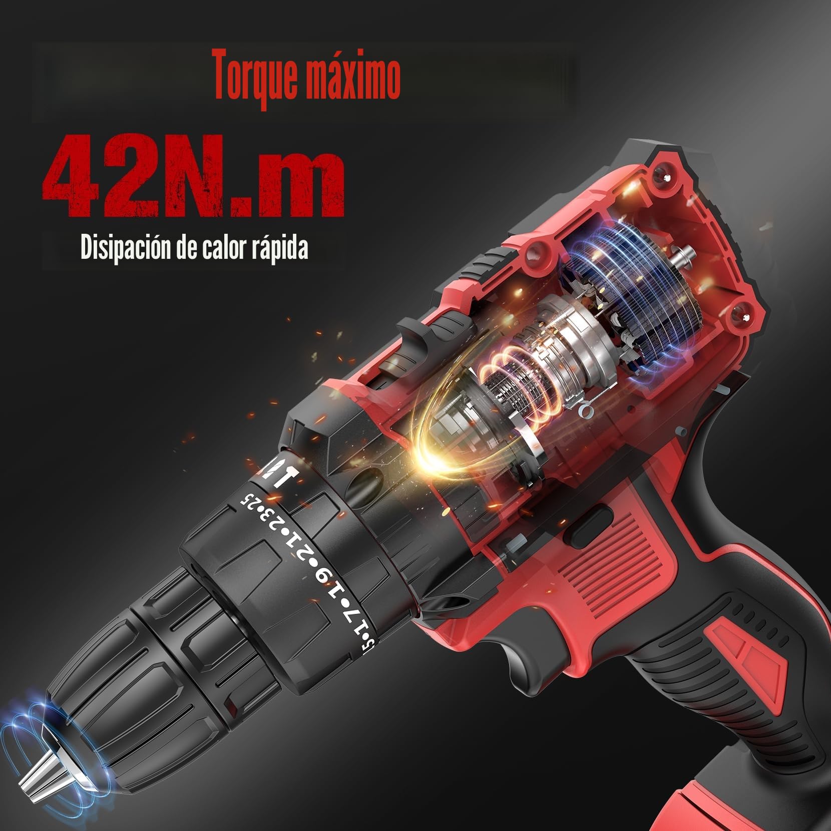 Taladro Percutor a Bateria 21V, MHPRO Taladro Atornillador con Batería 2.0Ah, Atornillador Electrico con 42Nm, 25+3 Ajuste de Par, 23 Accesorios, 2 Velocidad, LED Luz Para Hogar, Bricolaje