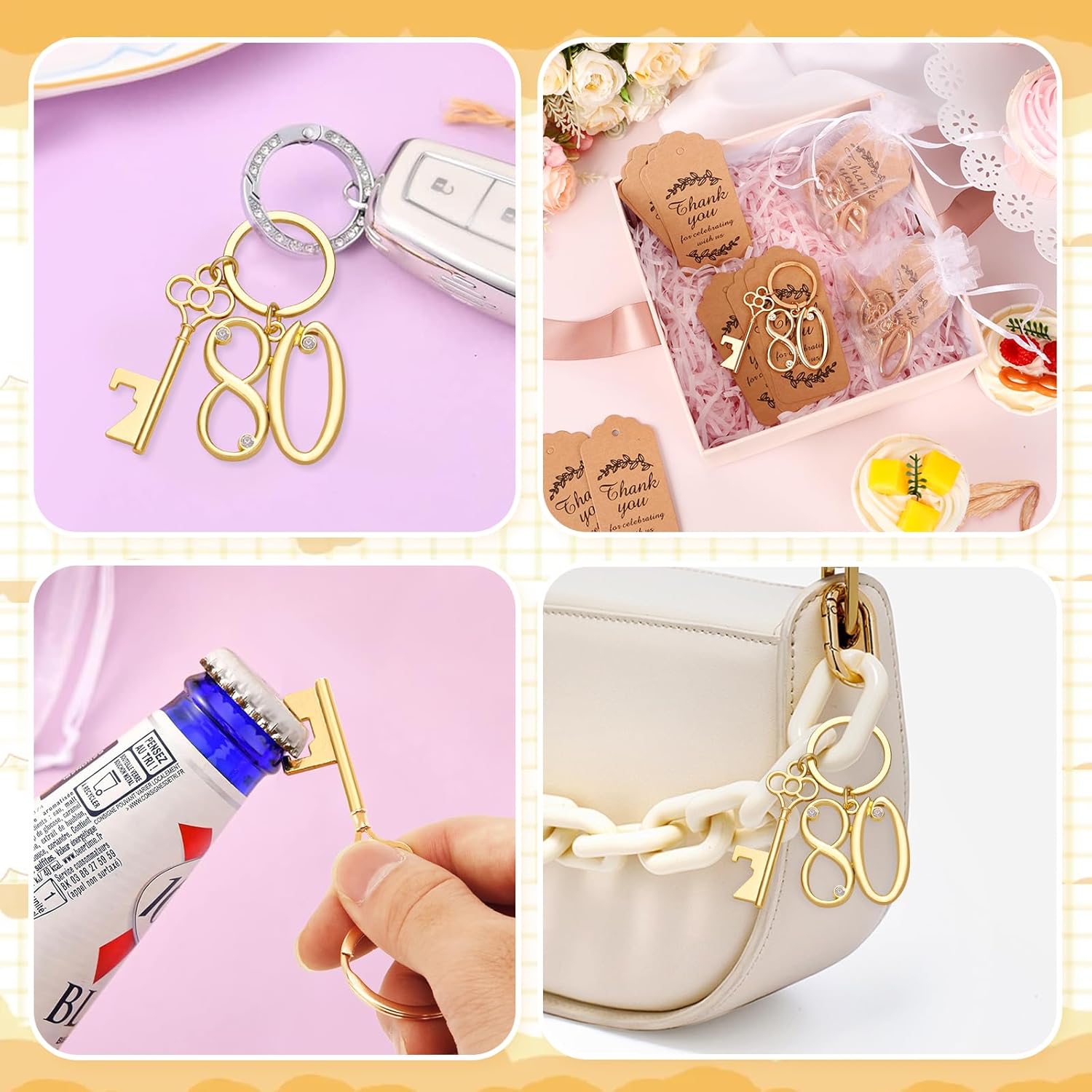 24Pcs 80th Key Bottle Openers Keychain Bulk 80th Birthday Party Favors, 80th Gold Beer Key Chain Ring Bottle Opener 80 Wedding Anniversary Return Gifts Party Decorations or Souvenirs for Guests