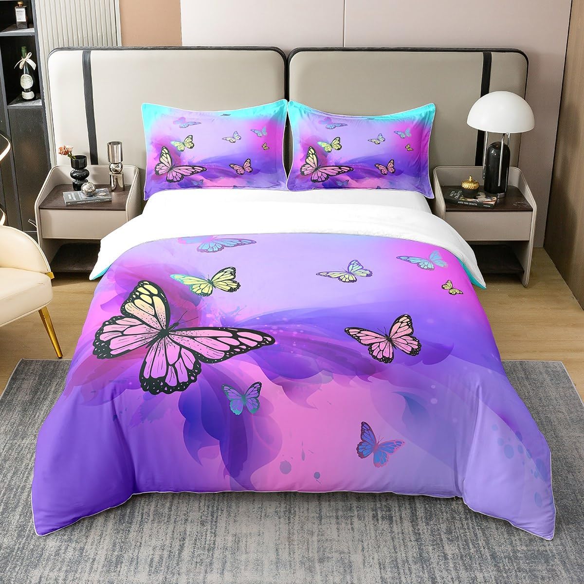 Homewish Bettbezug mit Schmetterlingen, Bettwäsche, 240 x 260 cm, Baumwolle, buntes Schmetterlings-Bettwäsche-Set, Bettbezug Aquarell, Tie Dye Pastell, Tagesdecke, Boho-Stil, Schlafzimmerdekoration