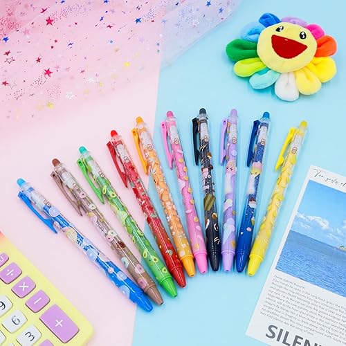 Miniatura 8 de Bolígrafos de gel borrables, 8 bolígrafos retráctiles borrables de dibujos animados, punta fina de 0.020 in, desaparecen los errores, tinta azul