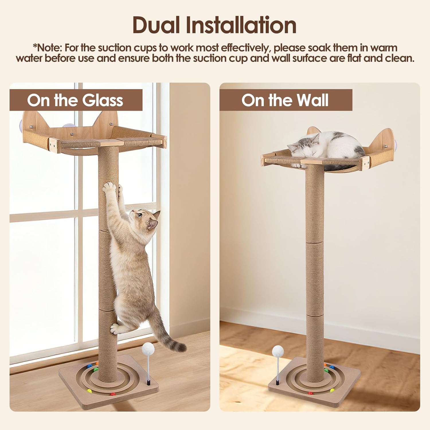 Cat Window Perch with Tall Sisal Scratching Posts, 45" Adjustable Cat Tree Hammock with 3 Strong Suction Cups, Cat Window Bed for Inside Sleeping, Playing and Birds Watching (Drilling-Free)