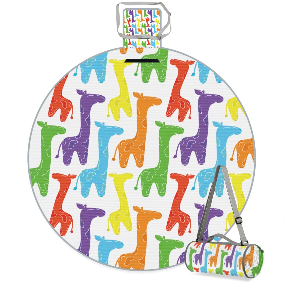 Shimoshe Colorful Cartoon Giraffe Picnic Outdoor Blanket Foldable Waterproof Sandproof Beach Blanket Portable Water-Resistant Round Picnic Mat for Travel Camping Park Lawn