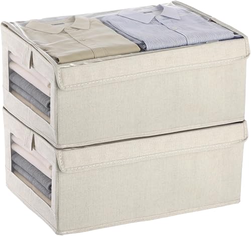 Joyibay Large Closet Storage Organizer, 16x12x11Clothes Storage Bins with Handles & Window, Collapsible Decorative Boxes with Lids, Fabric Containers for Sweater Clothes Bags Shoes Bedroom Dorm