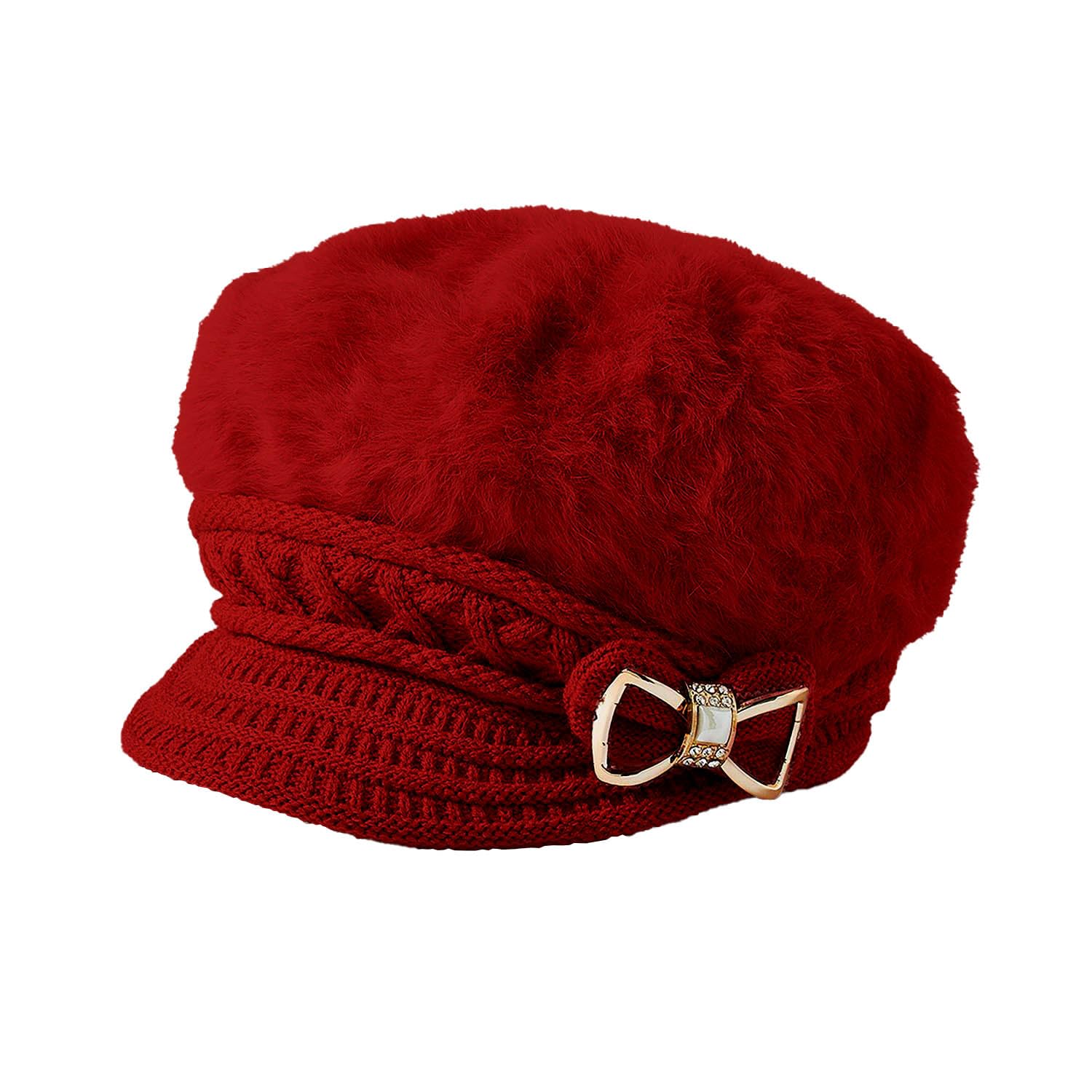 Amelie Di Santi Women's Cloche Peak Hat One Size Red Cable Knit Fleece Lined Diamante Bow