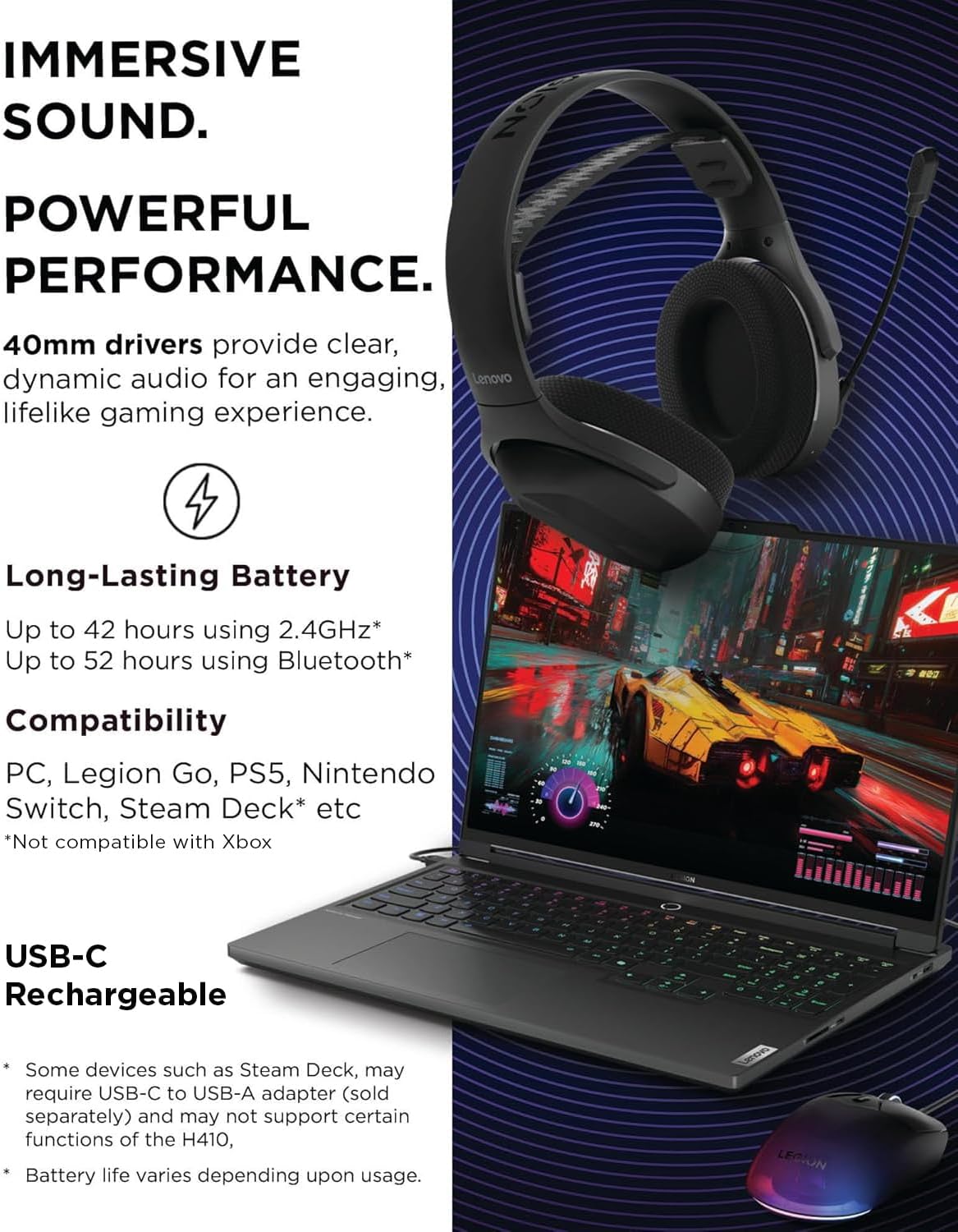 Lenovo Legion H410 Wireless Gaming Headset, Bluetooth or 2.4 GHz USB-A Connection, Lightweight (304 Grams), Adjustable Headband, Flip to Mute Mic, Black - Image 5