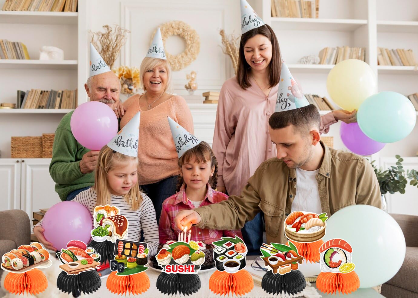 9 centros de mesa de panal de sushi para decoración de mesa, decoraciones de mesa de sushi para comida japonesa, decoraciones de fiesta de sushi, suministros de fiesta de cumpleaños de sushi 7