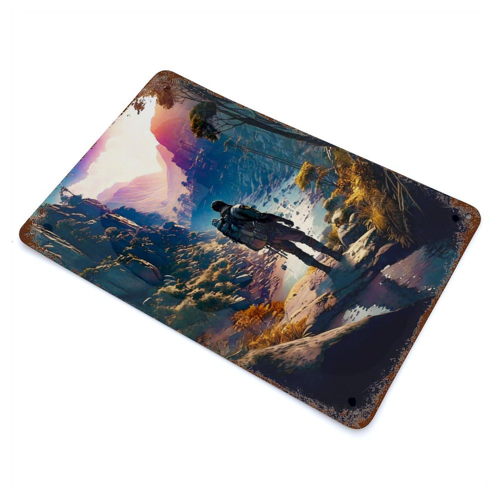 Garage Style Lone Traveler in Mountain Valley Aged Metal Wall Plaque 11.8"x7.9", Farmhouse Wall Decor for Bar And Workshop