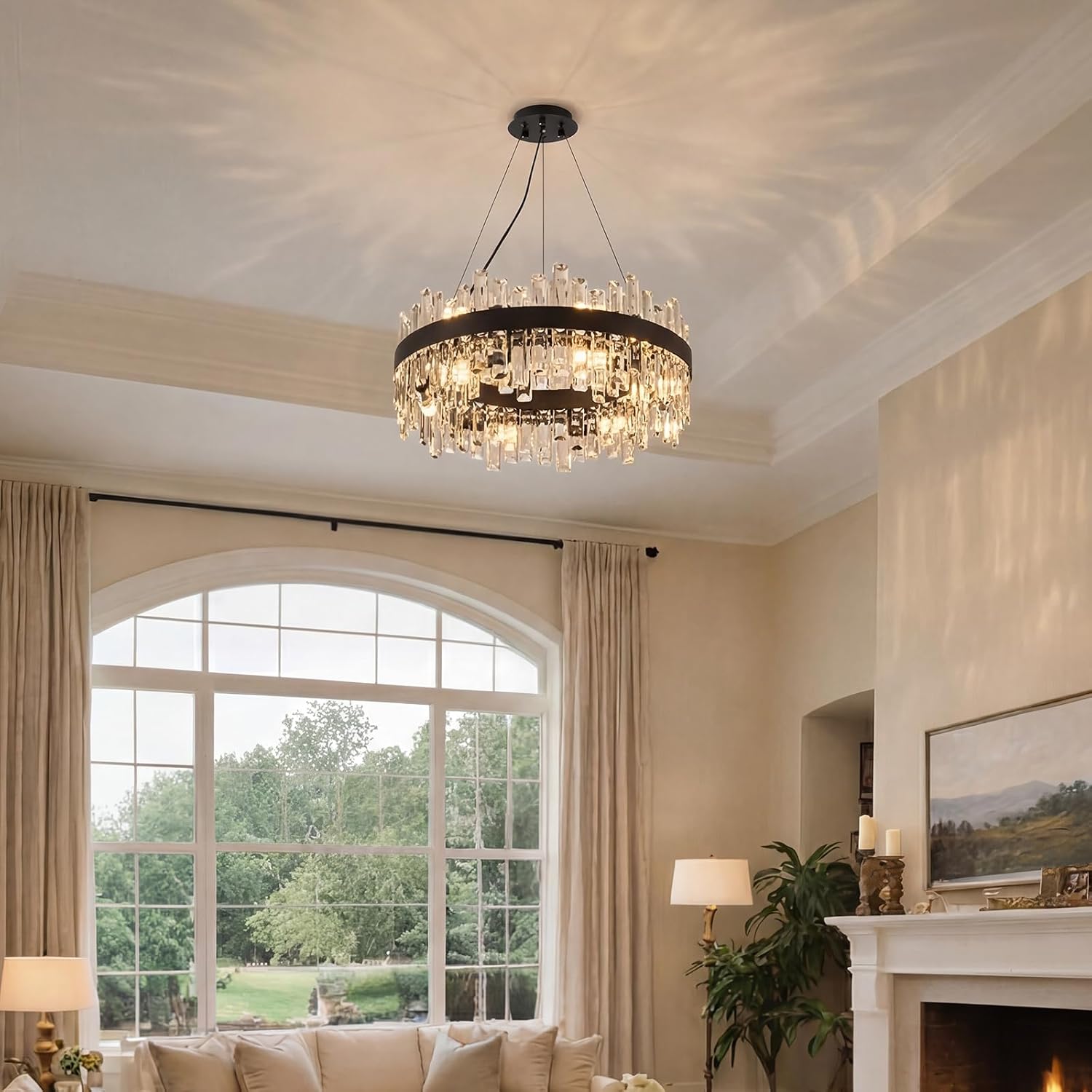 23.6 inch Modern Crystal Chandelier, 12-Light Black K9 Crystal Raindrop Chandelier, Adjustable Height Lighting Fixture for Living Room Dining Room Bedroom Kitchen Island Entry Foyer