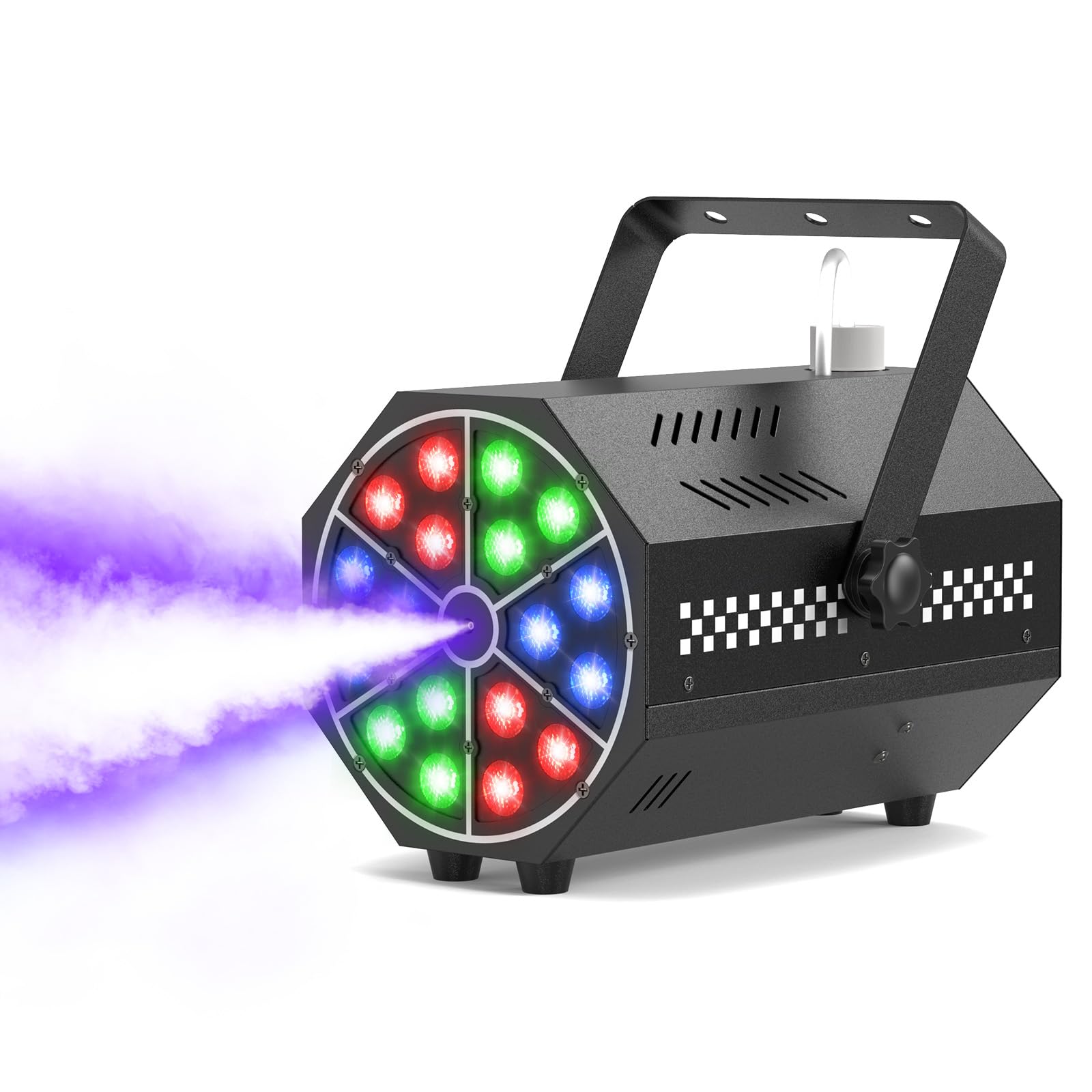 Mini 500W 18-LED R/G/B Fog Machine Controlled by Remote with LED Auto-Chasing,Jump,Pulse,Strobe Mode and 7 Static Colors Ideal for Halloween Events,DJ Visual enhancements & Stage Productions
