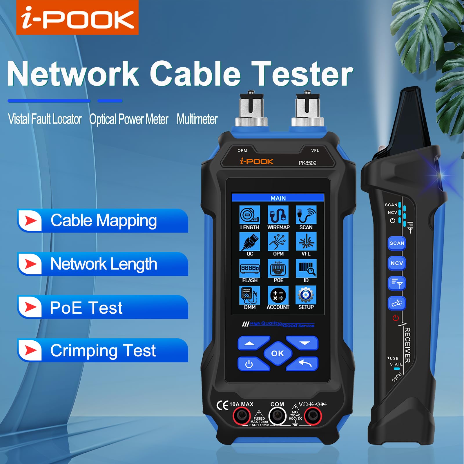 i-POOK PK8506 Multifunktionaler Kabeltester Unterstützt Ethernet IP Scan Ping PoE-Test Drahtdurchgangstest Längenmesswerkzeug Netzwerk Digital Cat5 Cat6 PoE-Tester Multimeter Kabelverfolger