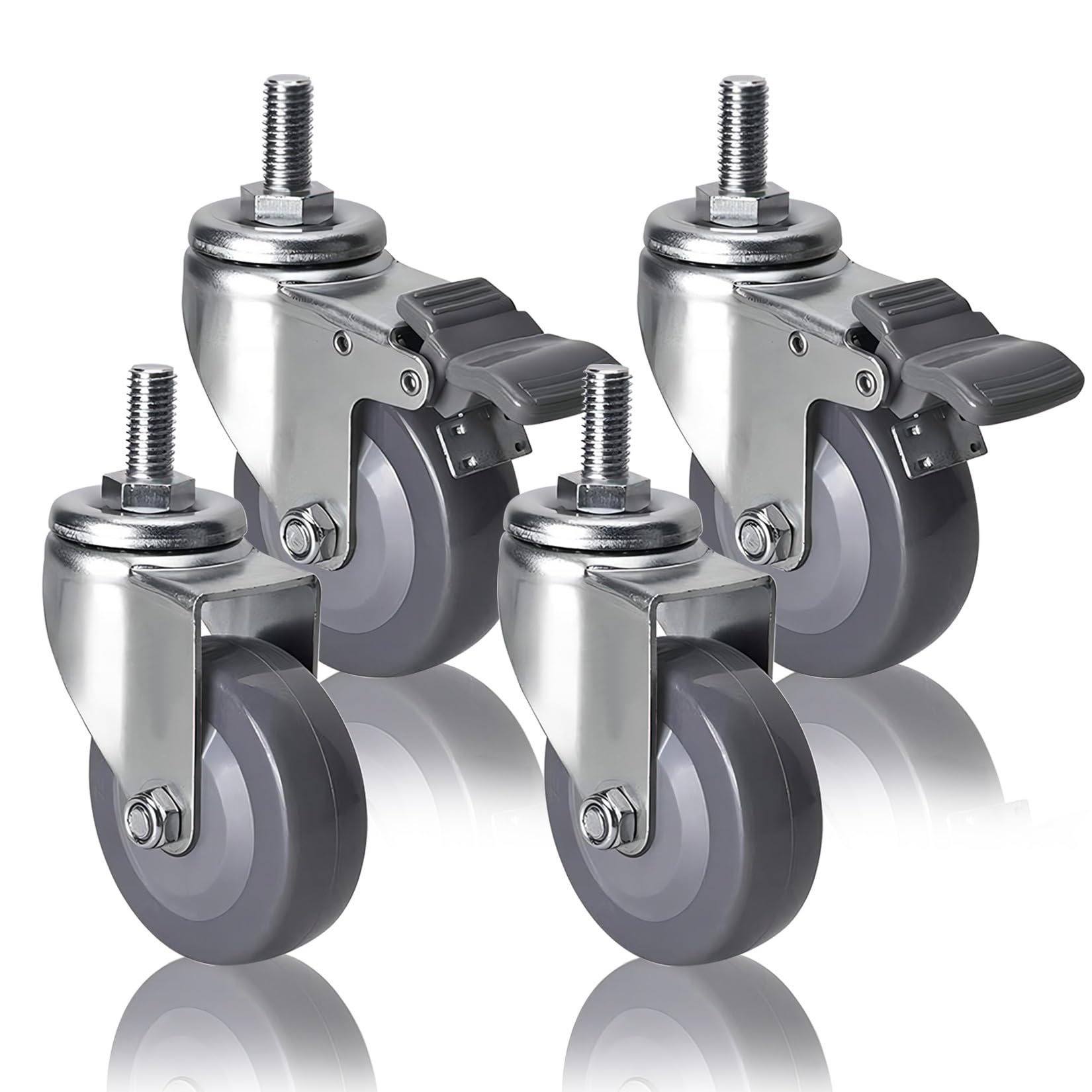 GYRAZXS Heavy Duty Industrial Casters 4 Pack Ø6m 75mm 100mm M12 Thread Swivel Wheels with Brake Silent & Non Marking Polyurethane Furniture Replacement Rollers (75mm 3in)
