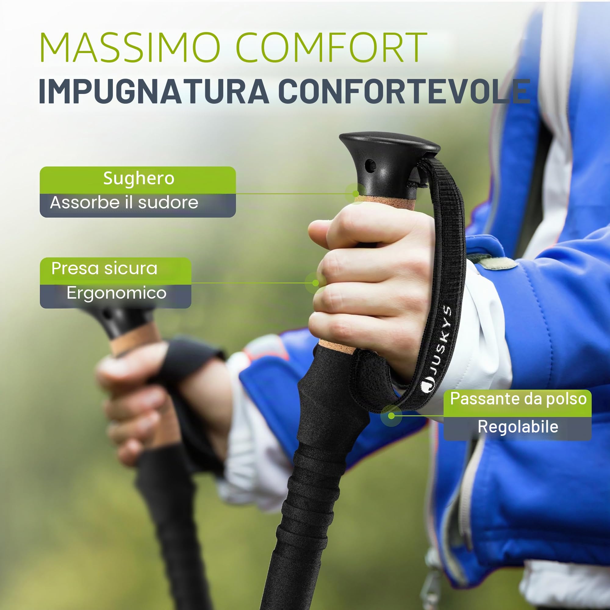 Juskys bastoni Nordic Walking - 2 bastoni telescopici in alluminio, leggeri e allungabili, da donna e da uomo, con puntale in gomma e sacchetto, impugnatura in sughero - nero