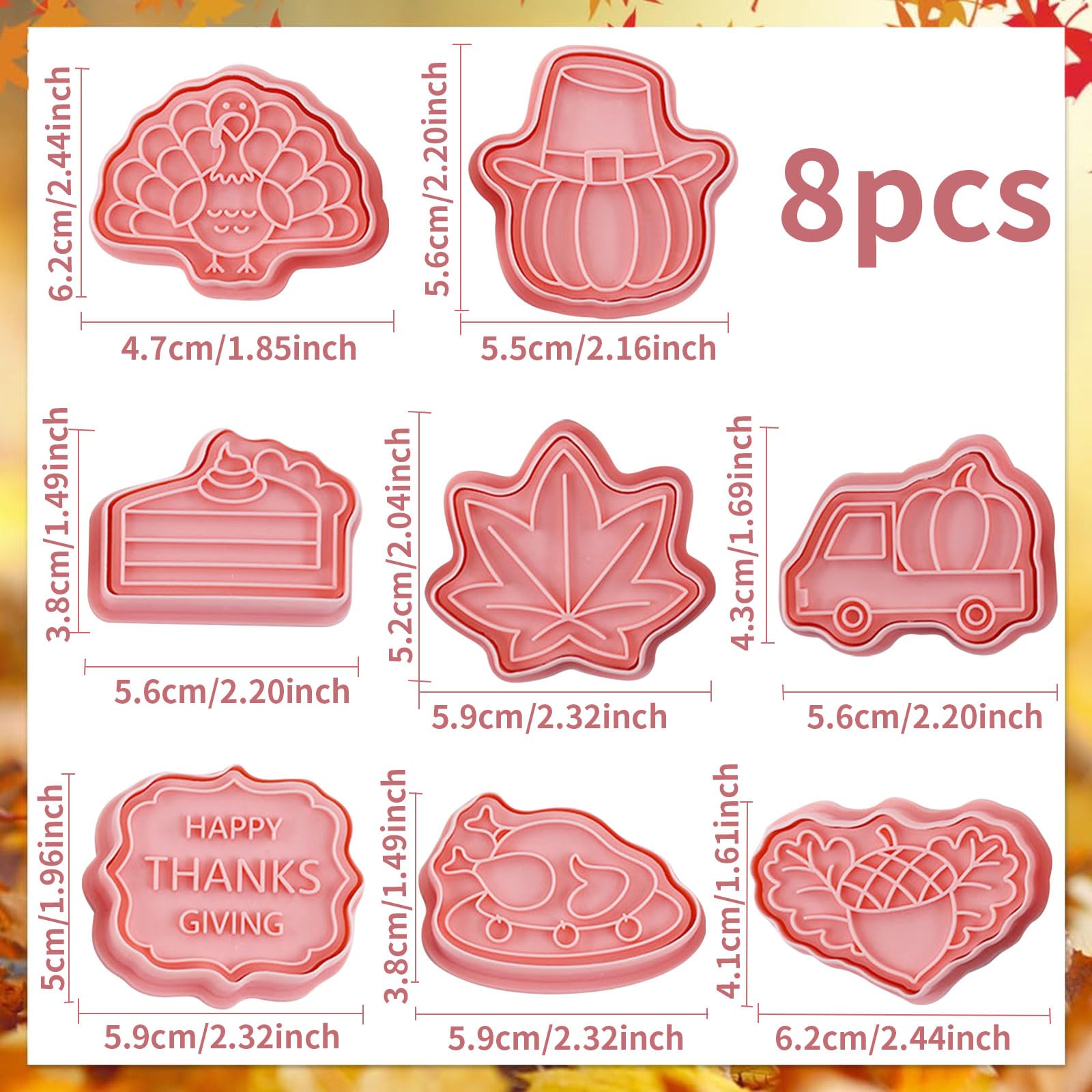 Set De 8 Emporte-pièces Thanksgiving Automne - Feuille, Citrouille, Dinde - Plastique Alimentaire - 5