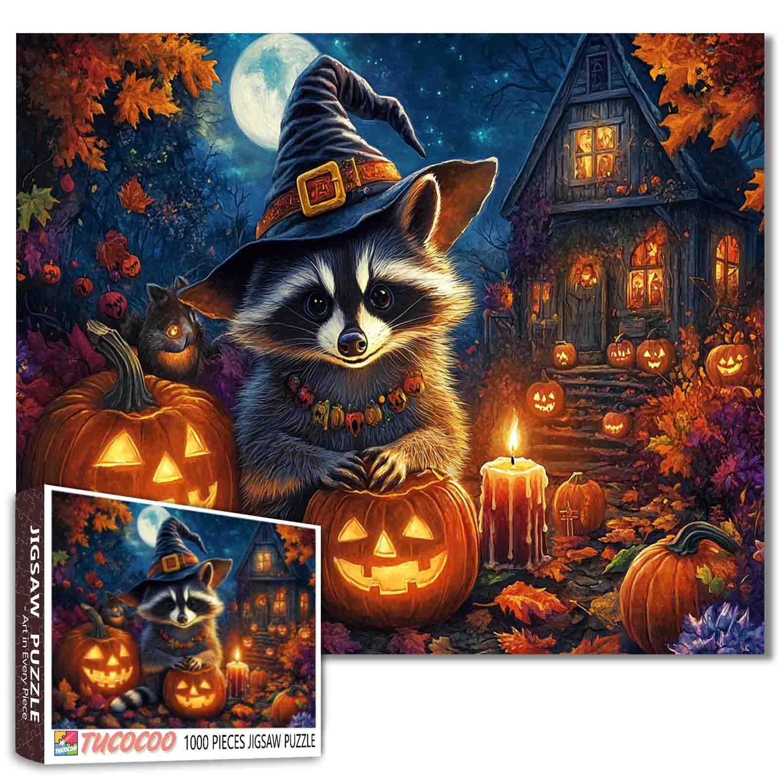Halloween Cute Raccoon Puzzle for Adults 1000 Pieces Witch Hat with Pumpkins Haunted House Autumn Leaves Jigsaw Puzzle Halloween Decor 27x20 Inch Fun Challenging Fall Puzzles Gift for Puzzle Lovers โ image 1