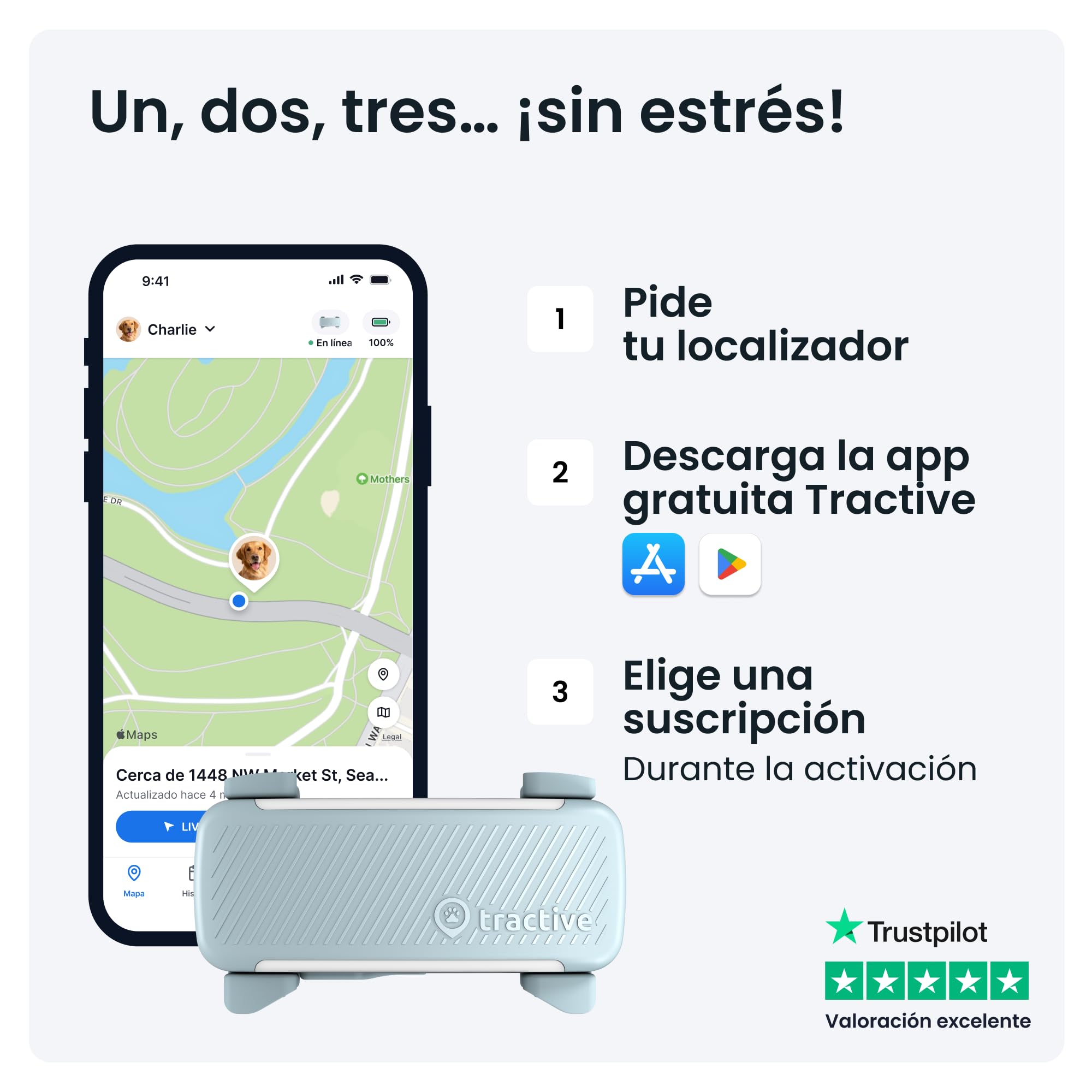 Tractive - GPS perros | 2025 Edición | N.º 1 del mercado | Localización en tiempo real | Alertas antifuga | Monitor de actividad | Avisos de salud | Seguimiento de ladridos (Menta)