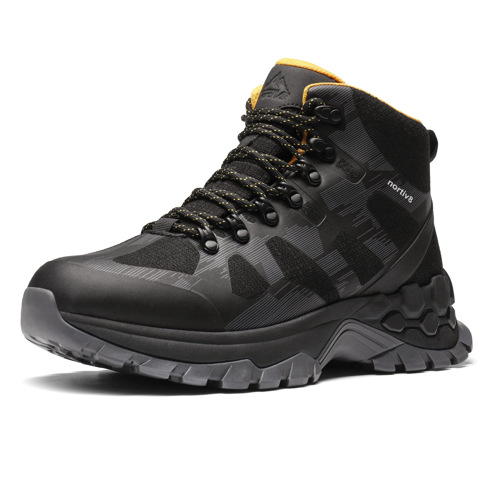 NORTIV 8 Mens Hiking Boots Waterproof Backpacking Trekking Trail Outdoor Mountaineering Polar Bear Series Extra Grip Non-Slip Shoes Black,Size 7 SNHB226M