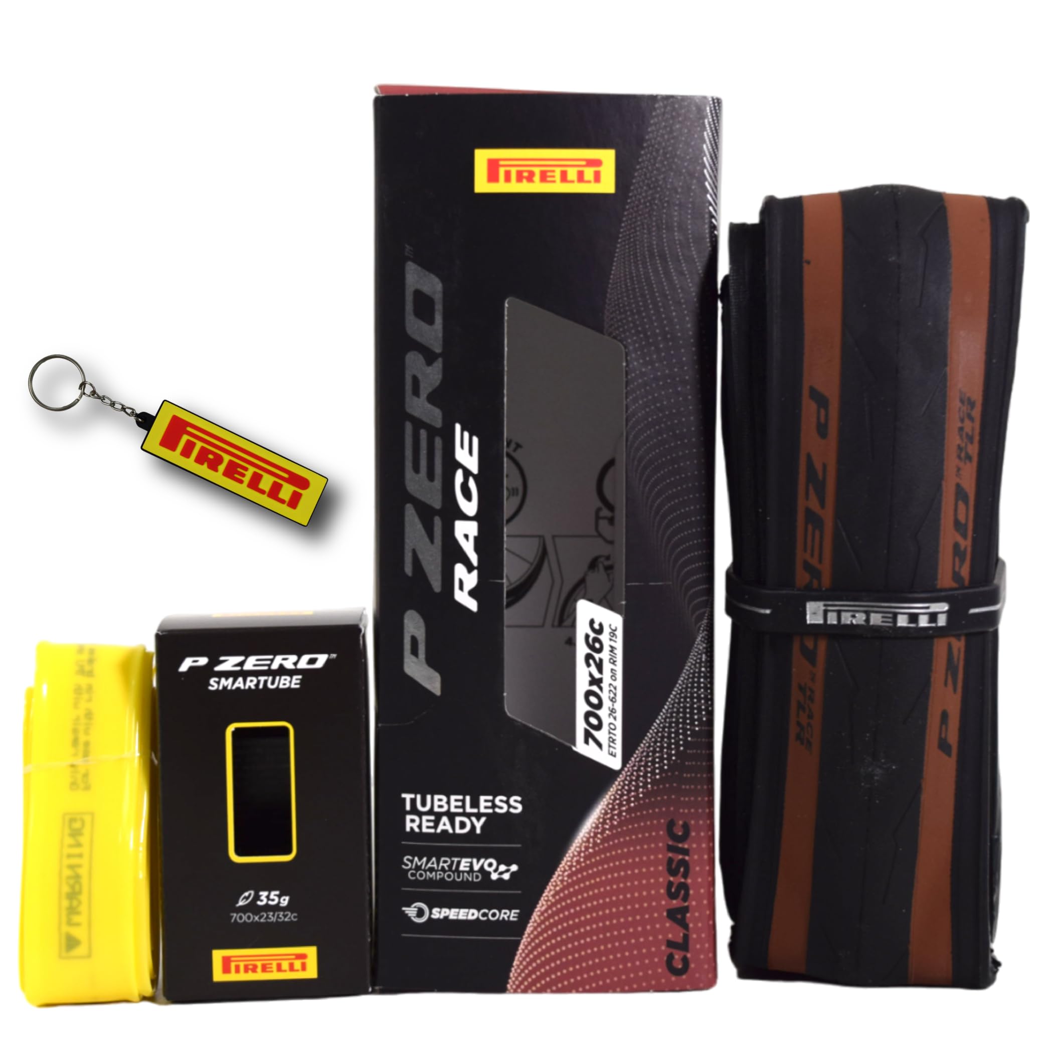 Pirelli P Zero Race TLR Classic 26-622(700x26c) & SmarTUBE 23/32-622 700C Road Bike Tire & Tube Set-Lightweight, Bicycle Tire & Tube Set for Road Racing-Tan Sidewall, SmartEVO Compound w/Keychain