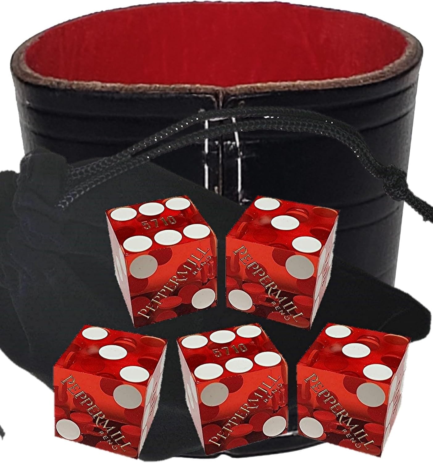 Authentic Casino Dice w/Pouch + Genuine Leather Cup Wide Opening (Red Felt Lining, Reno Peppermill Red Polished)