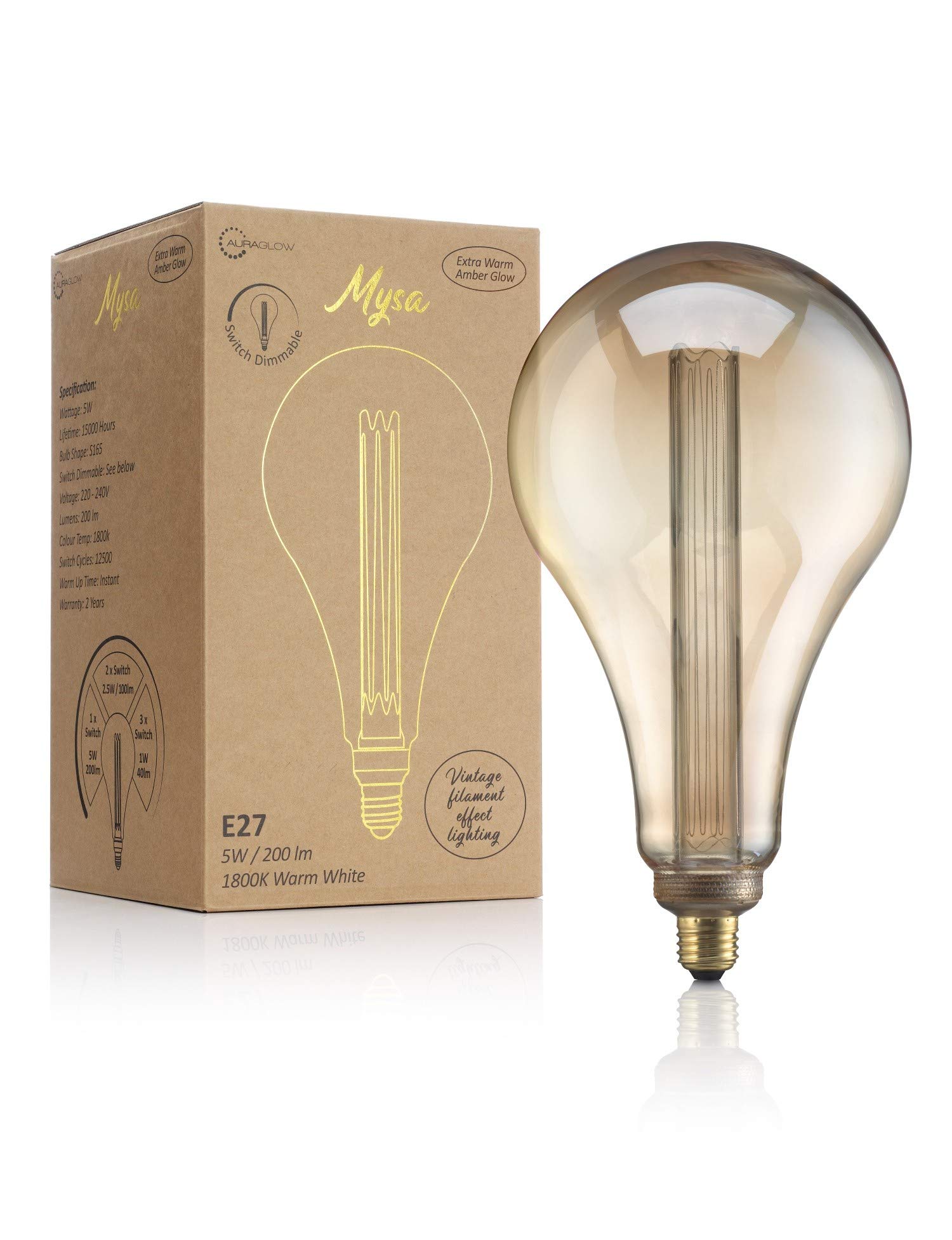 Auraglow Mysa Żarówka LED E27 S165 XXL Gigant, Filament Vintage Edison