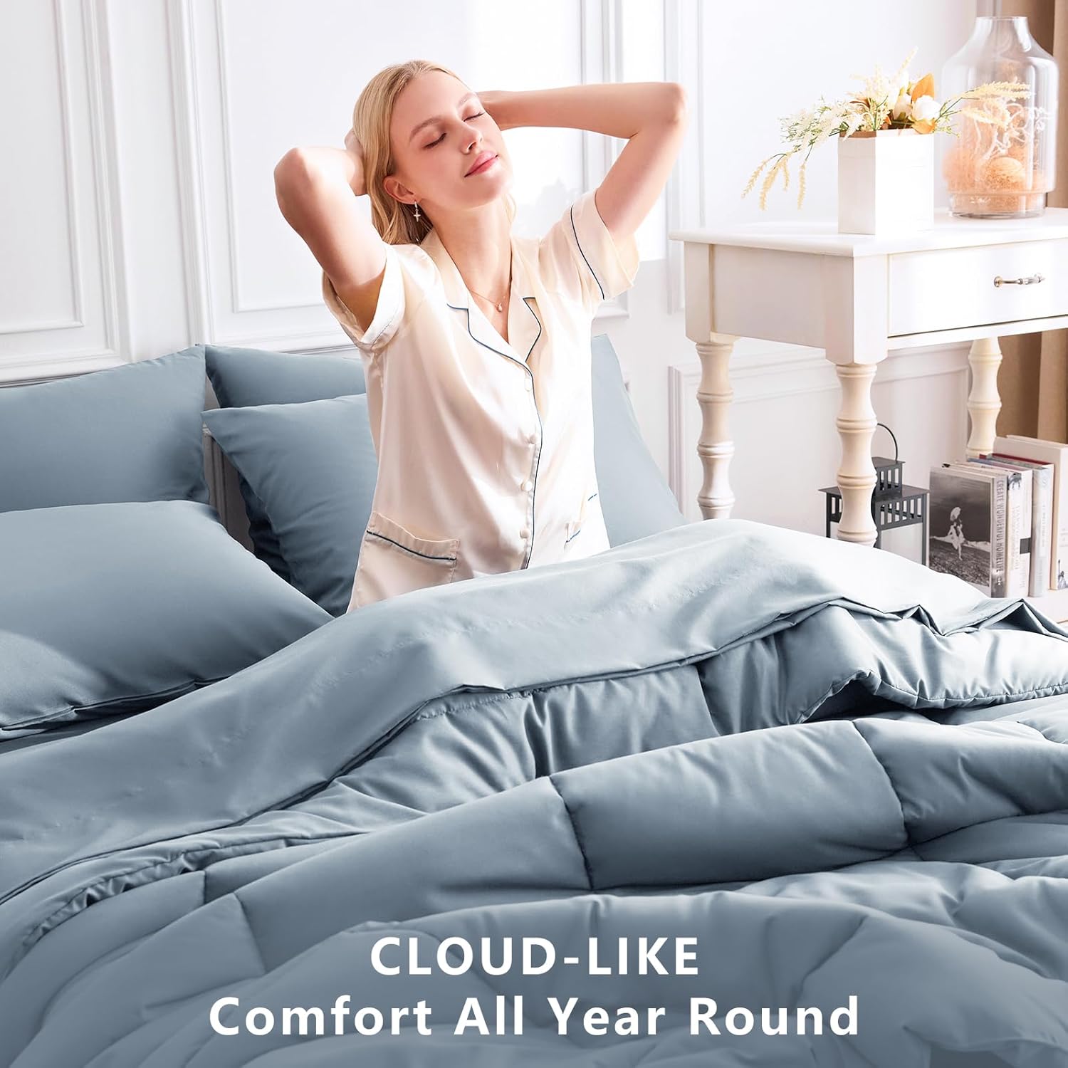 CozyLux Queen Comforter Set Grayish Blue, 7 Pieces Bed in a Bag, Blue Comforter Queen Size, All Season Bedding Sets with Stitch Quilted Comforter, Flat Sheet, Fitted Sheet, Pillowcases - Image 4