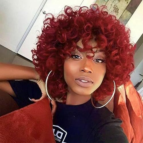 PHOENIXFLY Red Curly Wigs for Black Women Short Loose Curly Wigs for Women Curly Synthetic Hair Wigs Heat Resistant Hair Replacement Wigs with Wig Caps(Burgundy Red)