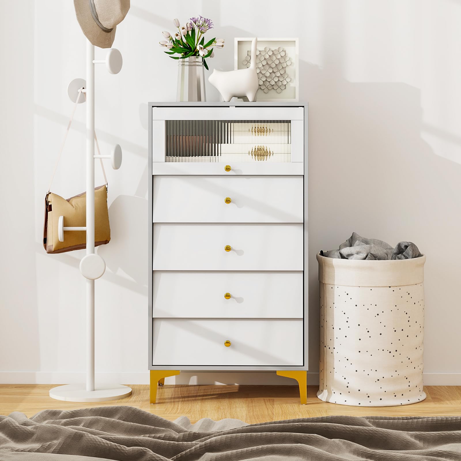 Giantex 4-Drawer Dresser, Modern Storage Cabinet w/Flip Up Fluted Glass Door, Golden Metal Legs & Anti-toppling Design, Chest of Drawers, Storage