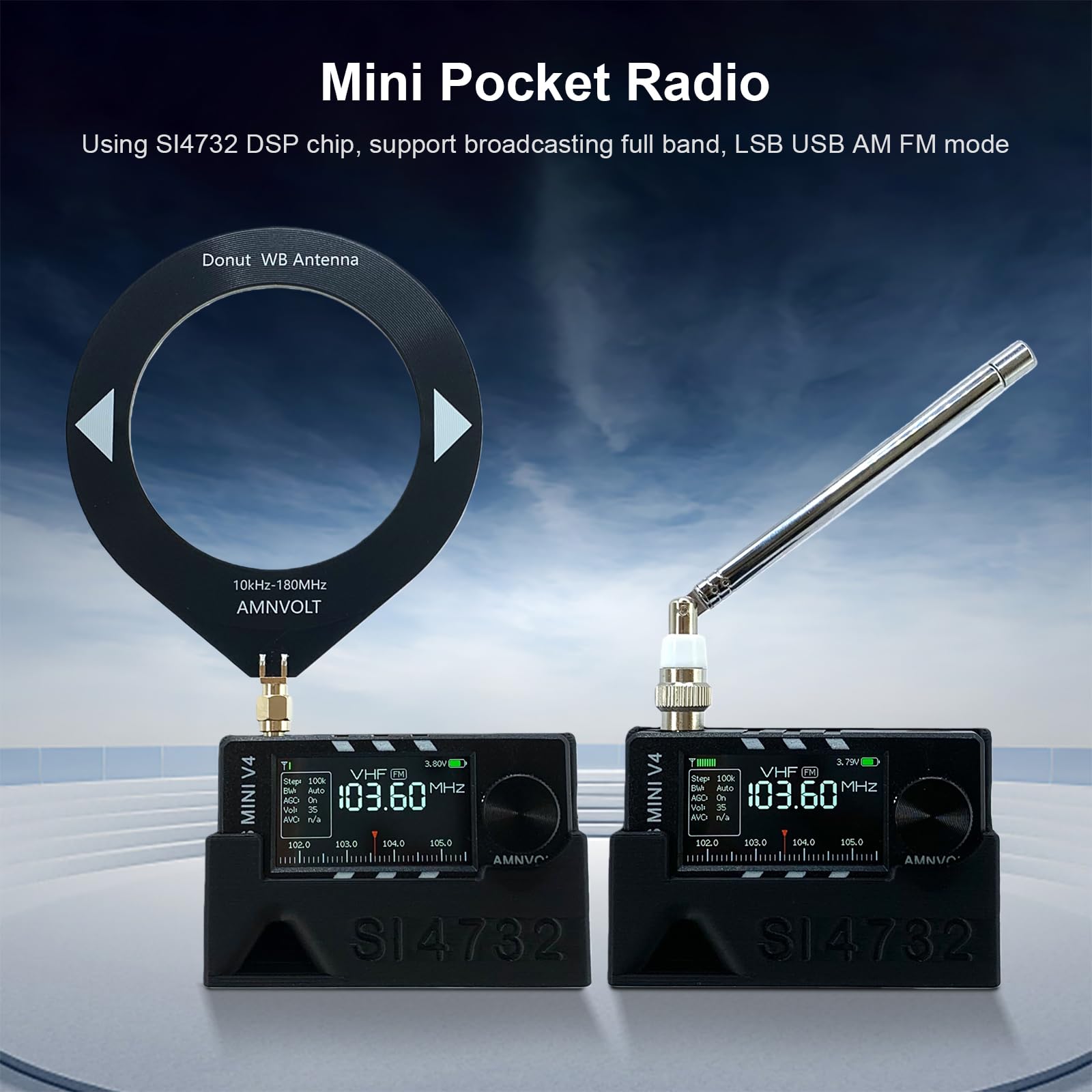 Amnvolt V4 ATS mini Radios con soporte y auriculares amplificador portátil AM FM Radios receptor 1.9 pulgadas IPS pantalla para senderismo senderismo camping