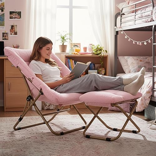 Miniatura 2 de Tiita Silla plegable con otomana recta, silla plegable de gran tamaño de piel sintética suave, silla perezosa, silla de luna con marco de metal para