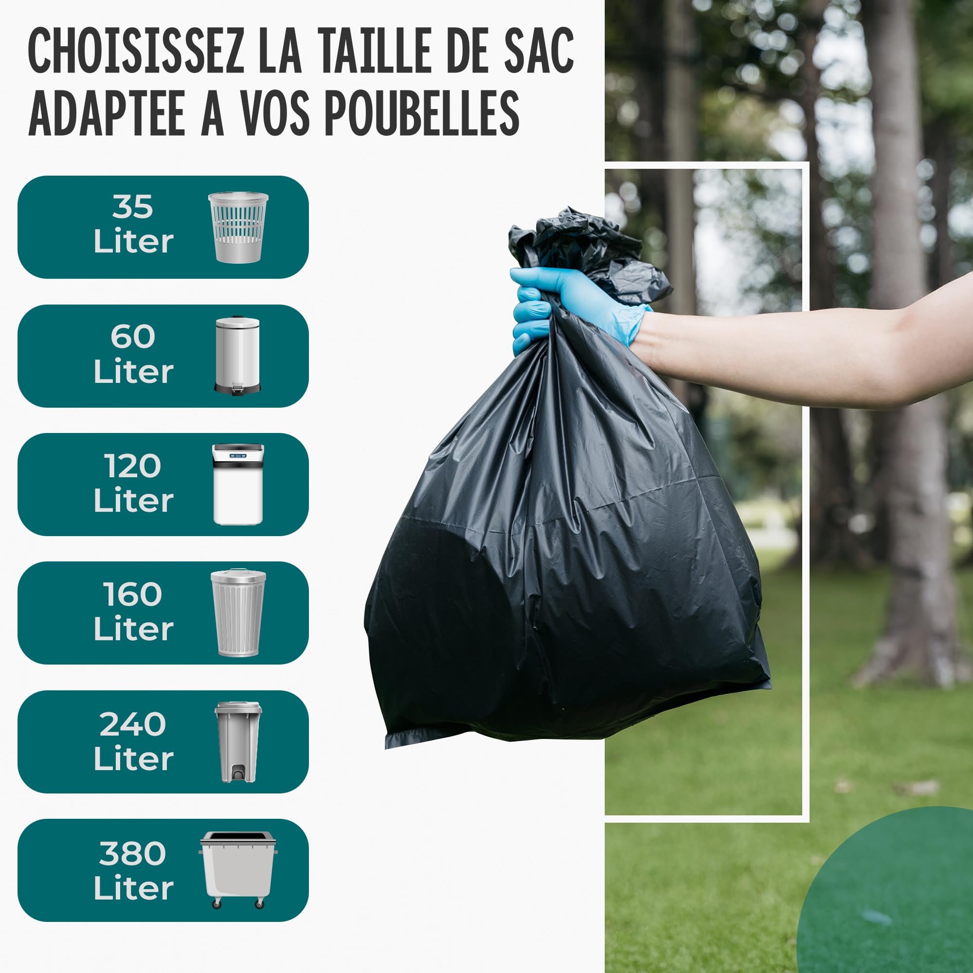 Sacs poubelle 380 l – Extrêmement résistants à la déchirure, extra solides, idéaux pour la maison, le jardin et les entreprises – Rouleau de 10 sacs poubelle pour charges lourdes pour la