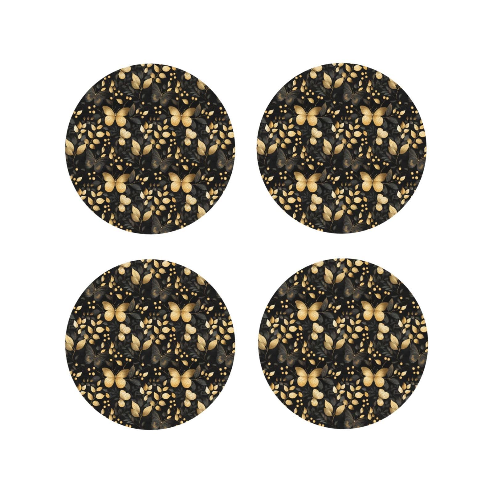Leather Coasters Set of 4 - Black and Gold Butterfly Print Lightweight Drink Coasters for Desk