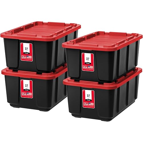 IRIS USA 27 Gallon Heavy Duty Truck Bed Toolbox Storage Tote Bins with Lids, 4 Pack - Made in USA, Tough Snap On Lockable Lid Stackable Industrial Tubs, Garage Organization Reusable Box - Red