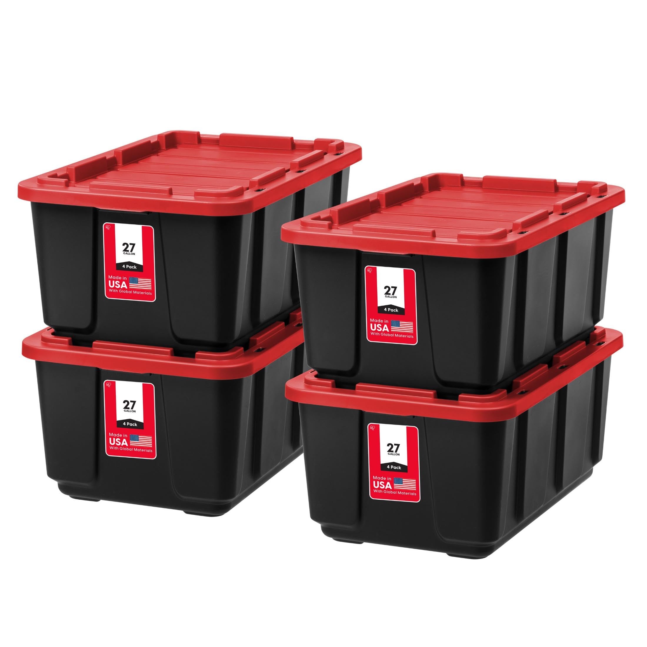 IRIS USA 4-Pack 27 Gallon Storage Bins with Lids |Made in USA| Heavy Duty Plastic Tote Containers for Truckbed Tool Box Organization, Large - Red