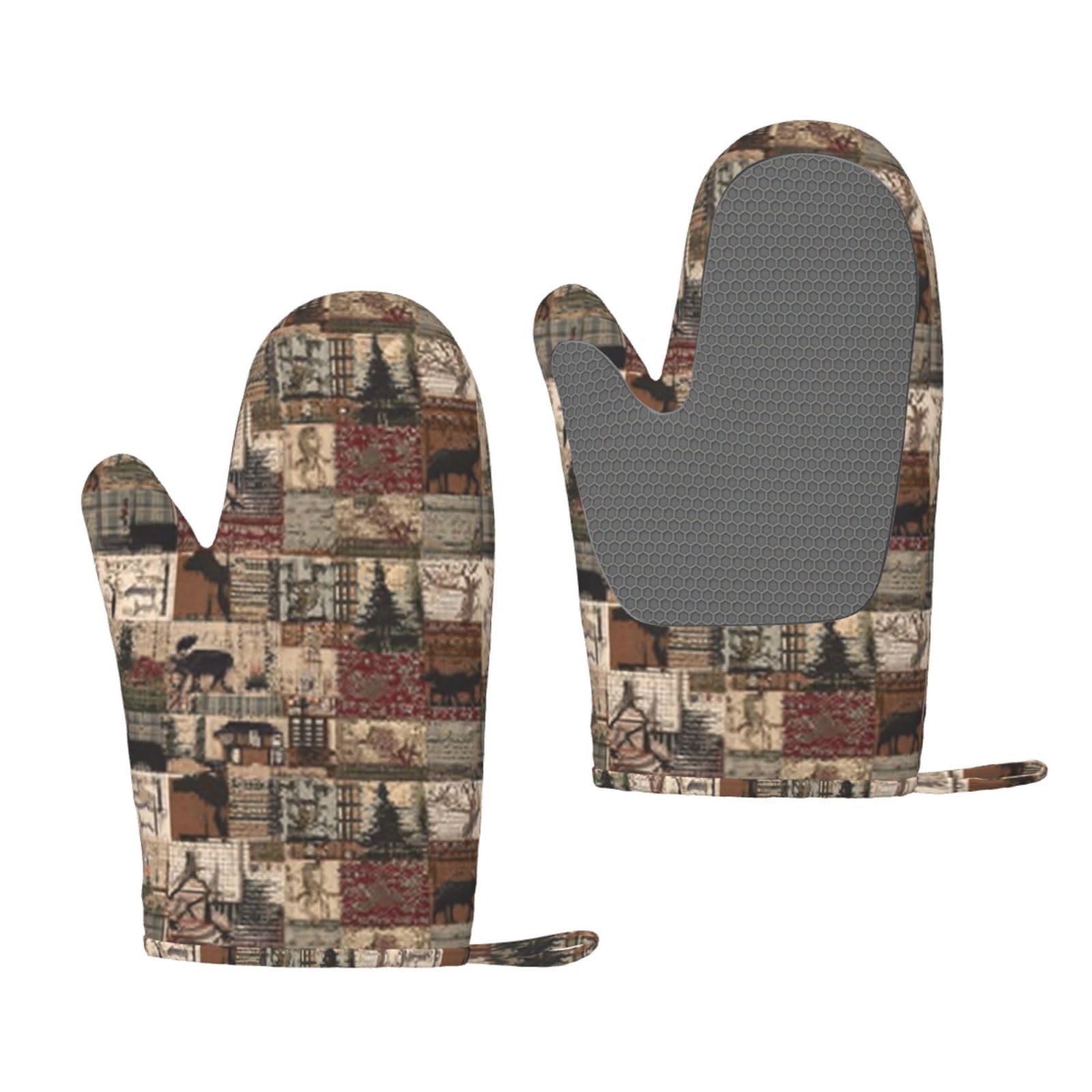 Oven Mitts Sets of 2 Heat Resistant Kitchen Gloves Rustic Lodge Bear Moose Oven Mitts BBQ Oven Gloves Non-Slip Silicone Oven Mitts Waterproof Cooking Safety Gloves for Kitchen Baking Cooking