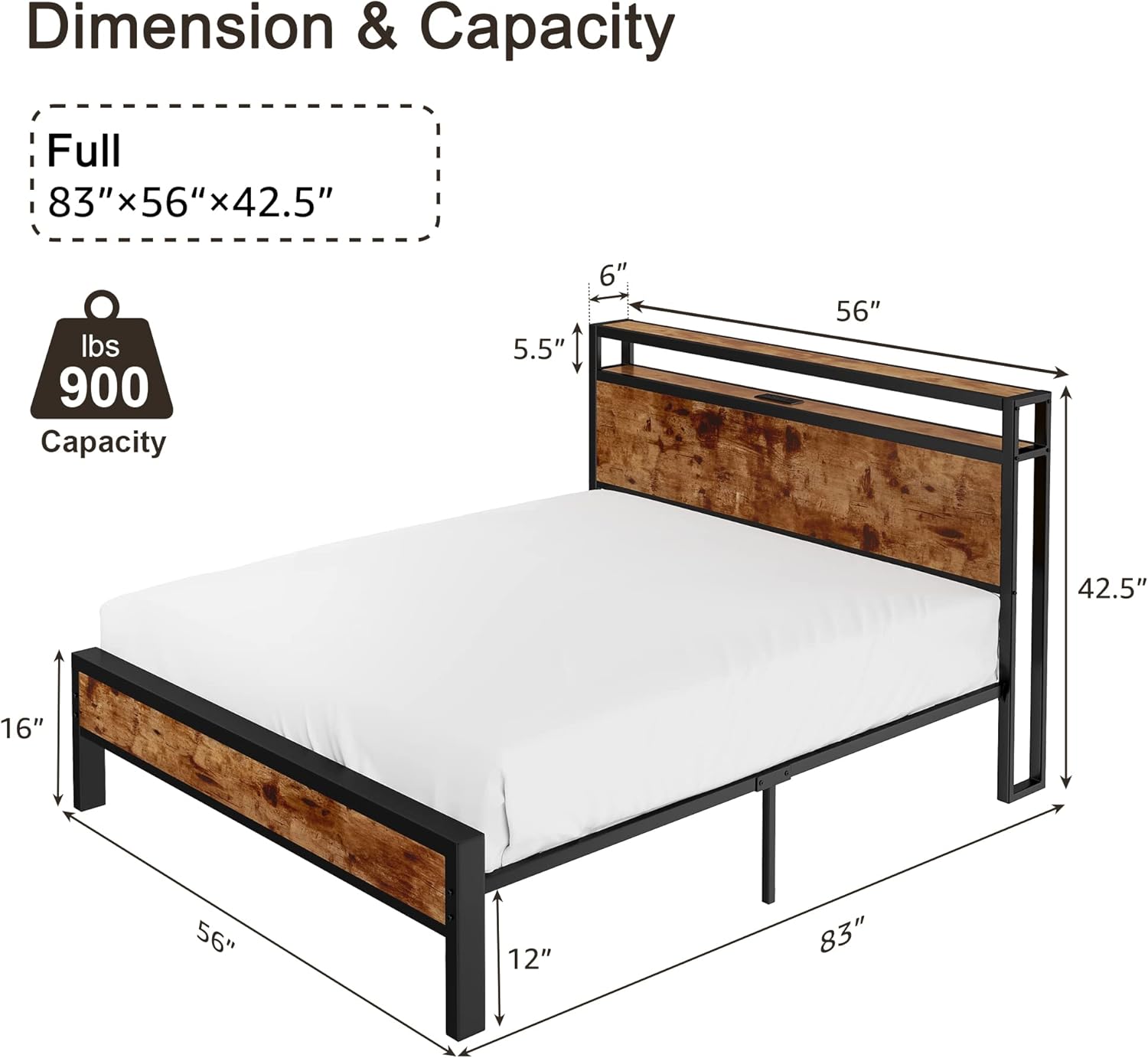 Full Size Bed Frame, Platform Bed Frame with 2-Tier Storage Headboard and Charging Station/No Box Spring Needed/Noise Free/Industrial/Rustic Brown