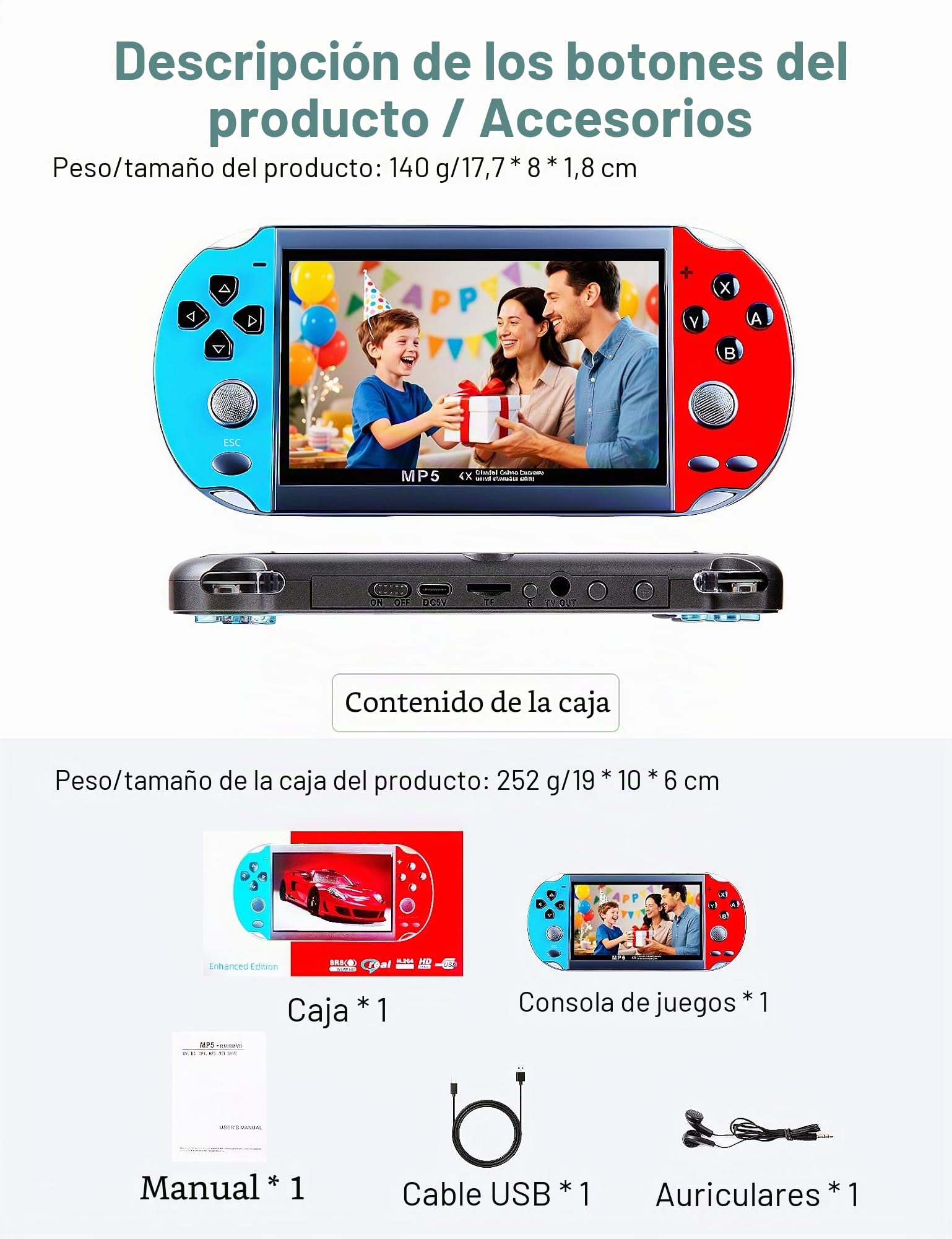 CZT Consola retro de 4,3 pulgadas con 3000 juegos incorporados, que soporta juegos archivados MP3/MP4, consola portátil para niños, simulador de arcade y regalos para niños (rojo azul)