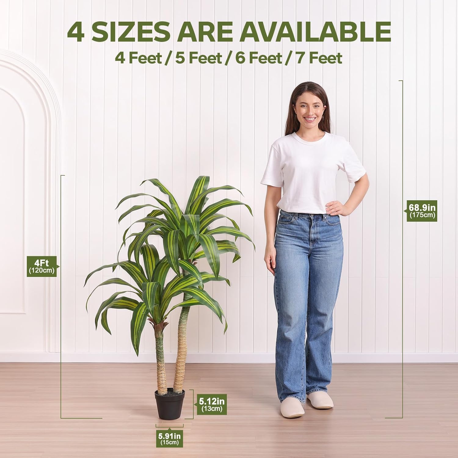 Artificial Dracaena Tree 4FT – Faux Silk Tropical Yucca Plant with Cement-Weighted Pot – Realistic Fake Tree Indoor Floor Decor for Bedroom, Office, Porch, Home Living Room, VN225