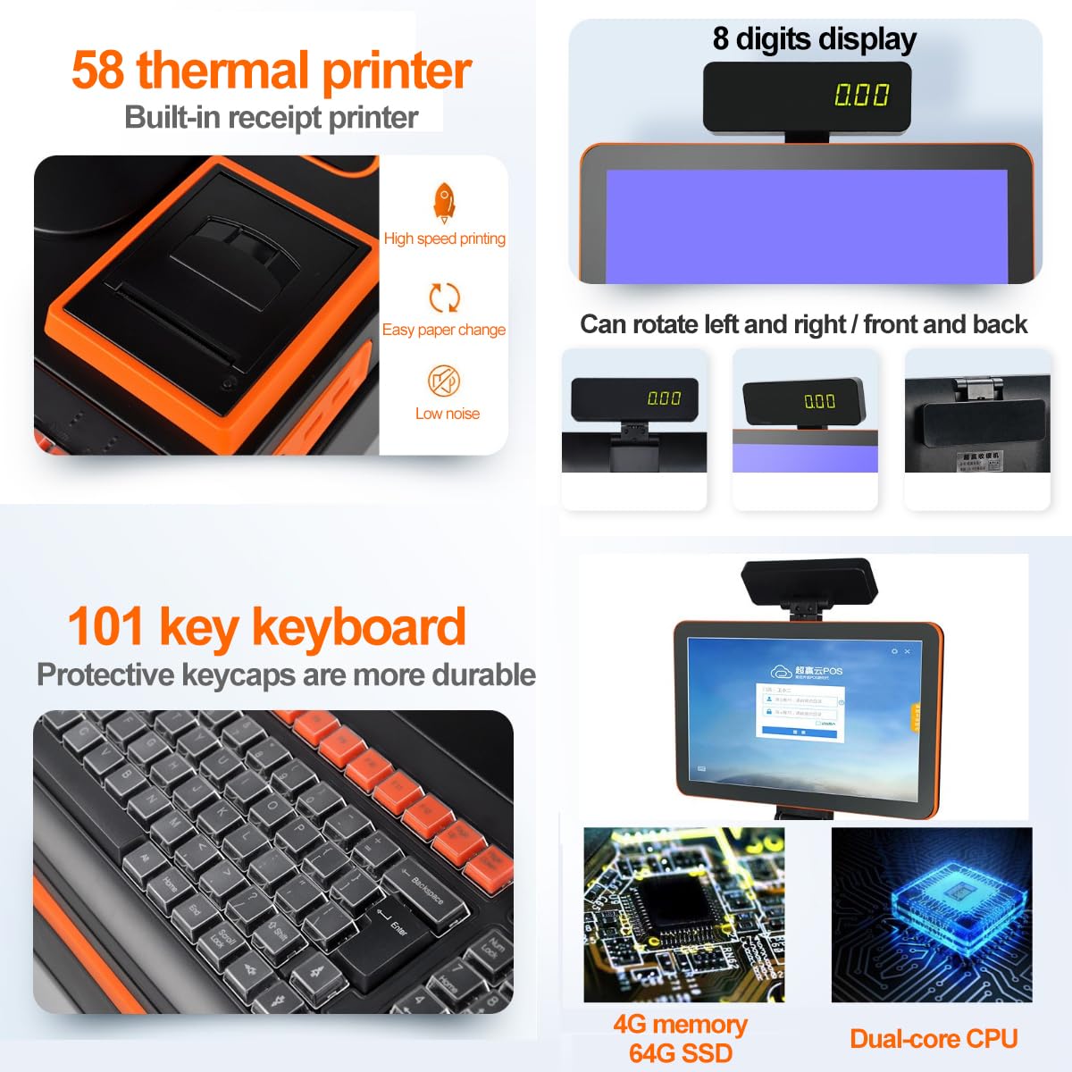 15.6" Caisse Enregistreuse Professionnelle avec 58 mm Imprimante Thermique, Caisse enregistreuse Intelligente à 101 TouchesCaisse enregistreuse à 8 LED numériques, avec Scanner Portable Orange