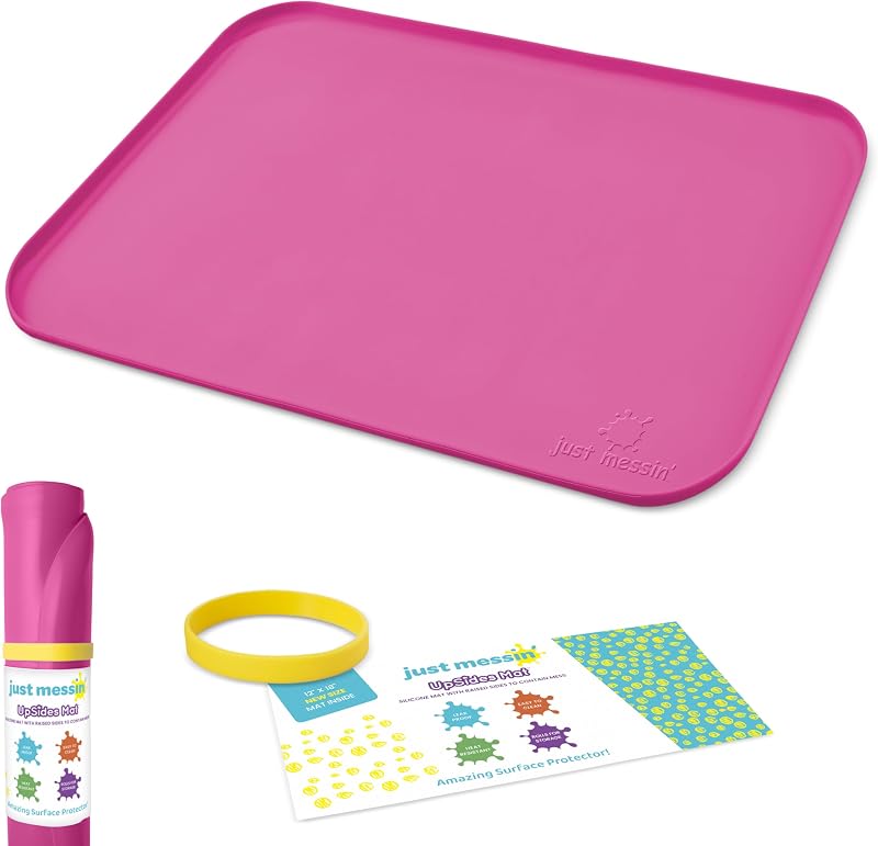 Just Messin’ Silicone Arts and Crafts Mat for Kids, 12"x 18", Pink | Non-Slip, Reusable, Heat-Resistant Mat, 0.6" Raised Edges to Contain Mess & Protect Tables, Great for Slime,Resin,Legos,Paint