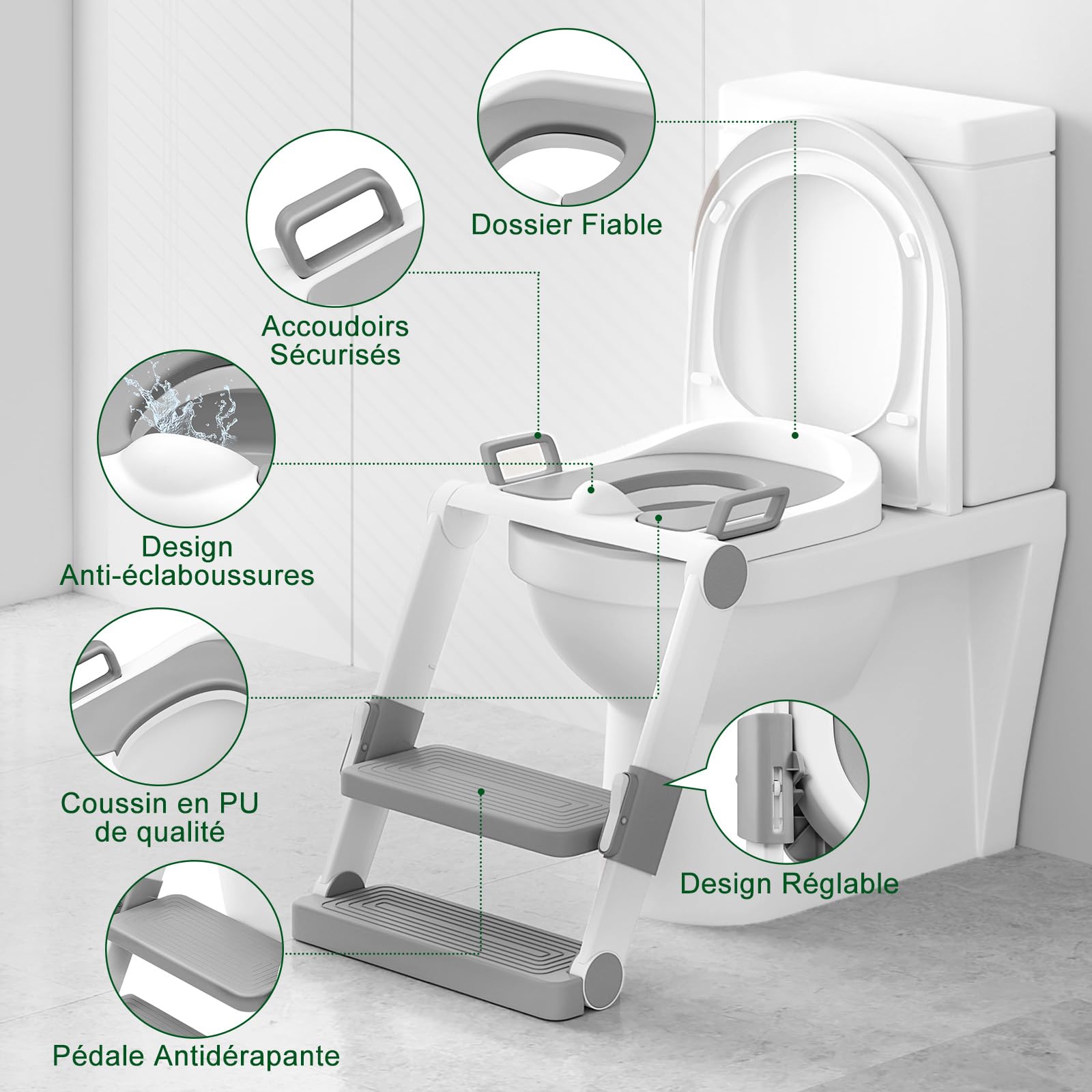 WOLTU Réducteur de Toilette pour Enfant avec Escabeau Pliable et Portable, Siège WC d'Apprentissage de la Propreté, Sans Montage, Marches Réglables en 2 Hauteurs, Coussinet Doux, Blanc + Gris