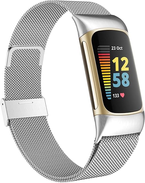 Faliogo Metal Strap Compatible with Fitbit Charge 5 Strap for Women Men, Adjustable Mesh Loop Stainless Steel Replacement WirstBand for Charge 5 Activity Tracker